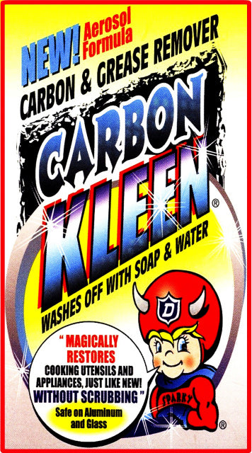 Vintage-style product packaging for Carbon Kleen aerosol formula carbon and grease remover, with bold yellow, red, blue, and black graphics and a cartoon horned character on a white background.