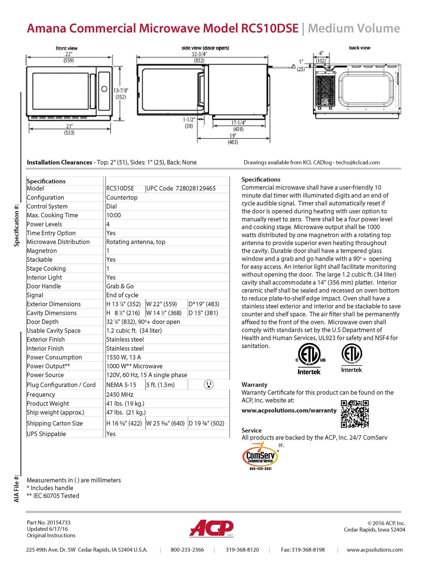 Amana Microwave Oven, 1000 Watts - RCS10DSE ACP