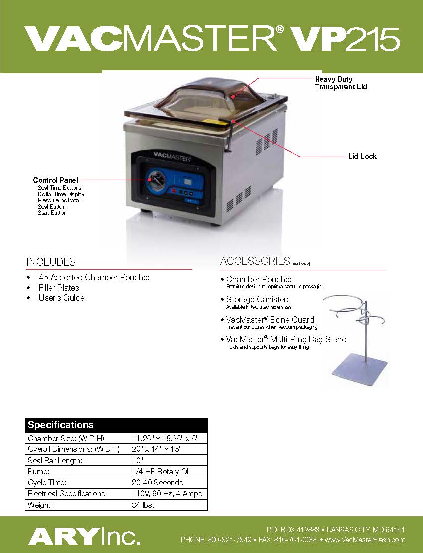 Selladora al vacío ARY, "VACMASTER", barra de sellado de 10", 120 V, VP215