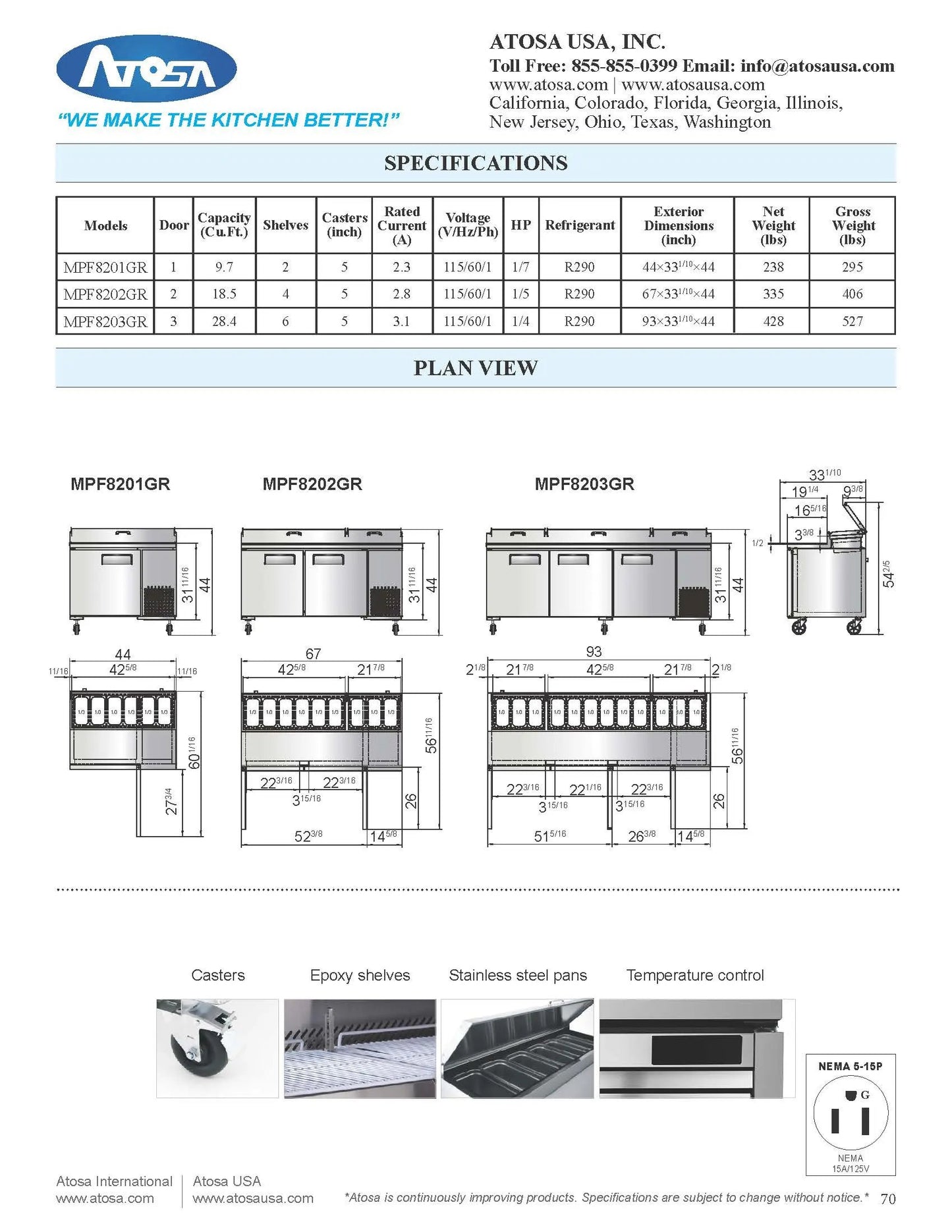 California Cooking Commercial Refrigerator, Pizza Prep Table 44" 1 sect 6 Pans - MPF8201GR California Cooking