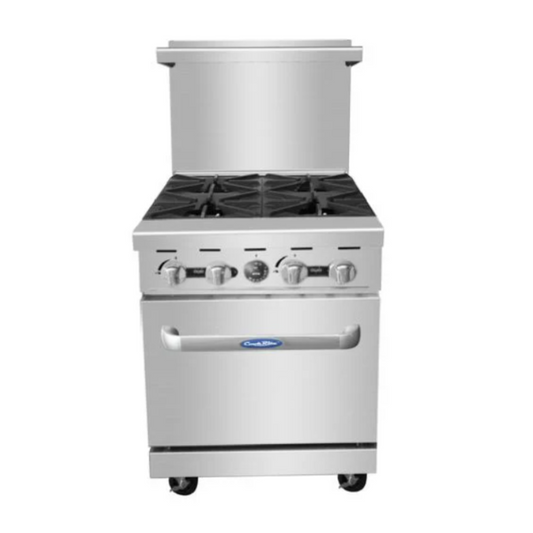 Cocina a gas comercial Atosa de 24", 4 quemadores y horno de 20" - AGR-4B
