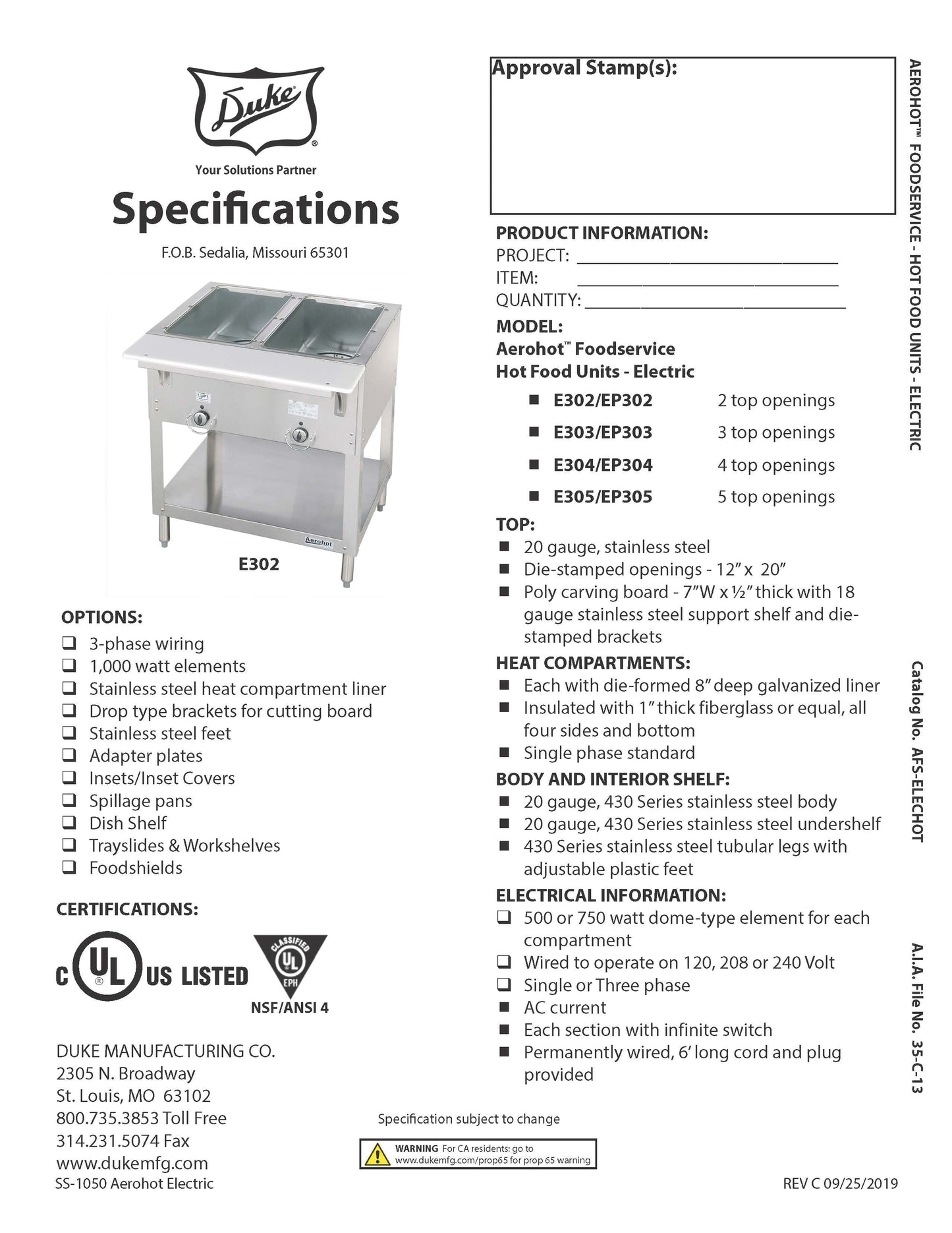 Duke Steam Table, 2 Pan Electric - 120V - E302