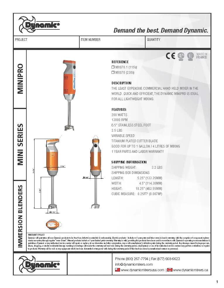 Dynamic - Stick Mixer, "MiniPro" 6.5" - MX070-1 Dynamic