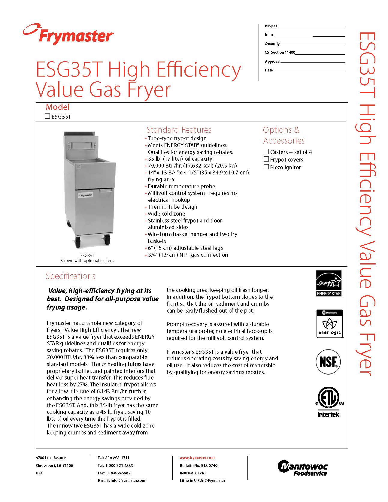 Frymaster Commercial Fryer, 35 lb, Natural Gas - Floor Model - ESG35T