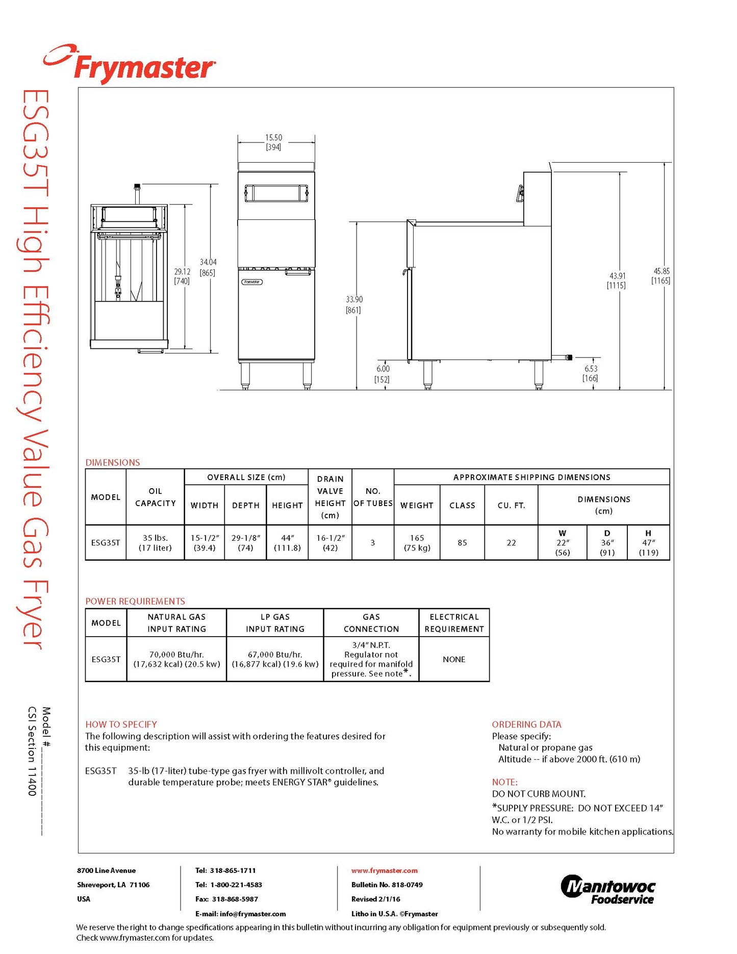 Frymaster Commercial Fryer, 35 lb, Natural Gas - Floor Model - ESG35T