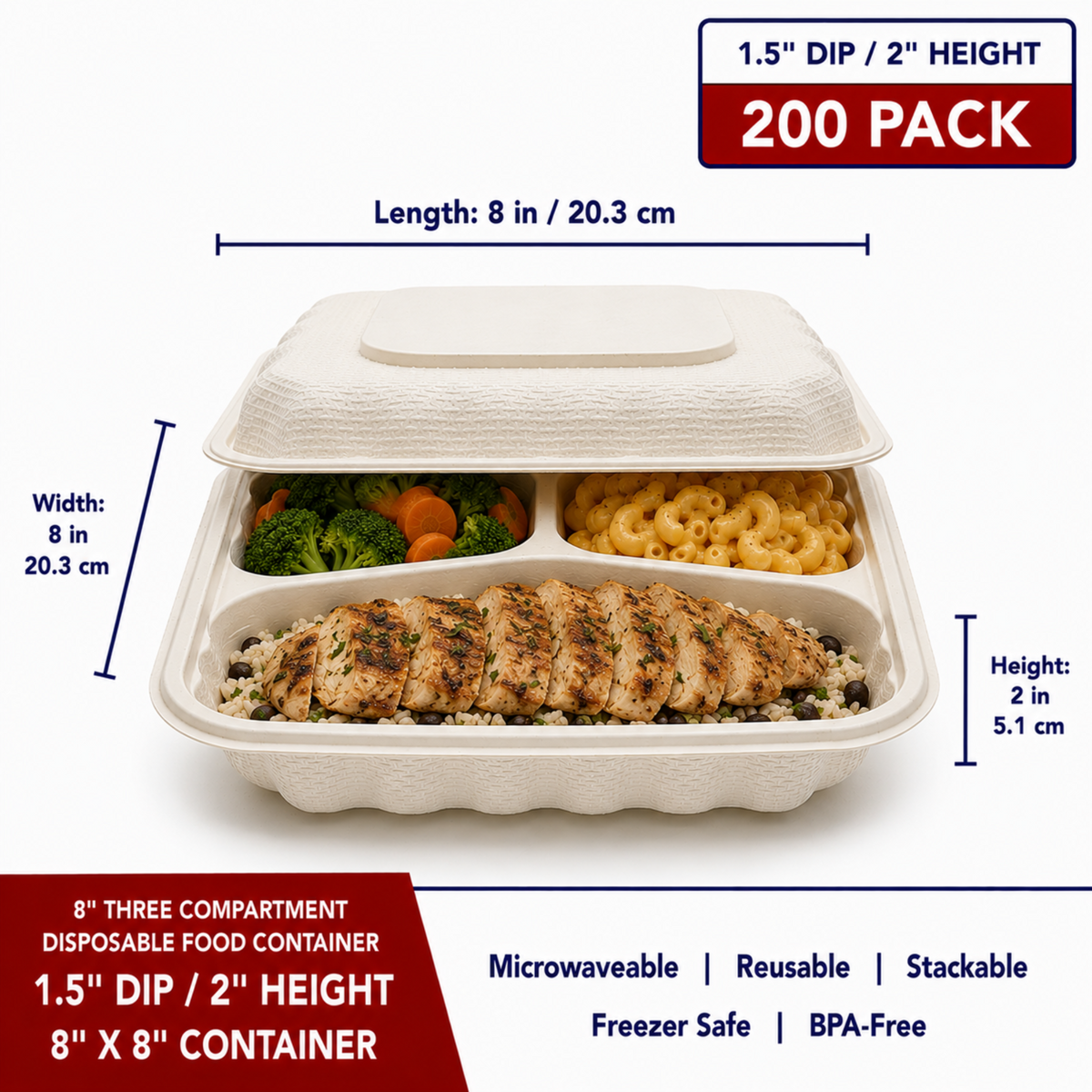 8" Three Compartment Disposable Food Container 1.5" Dip - CS120 - TC-83