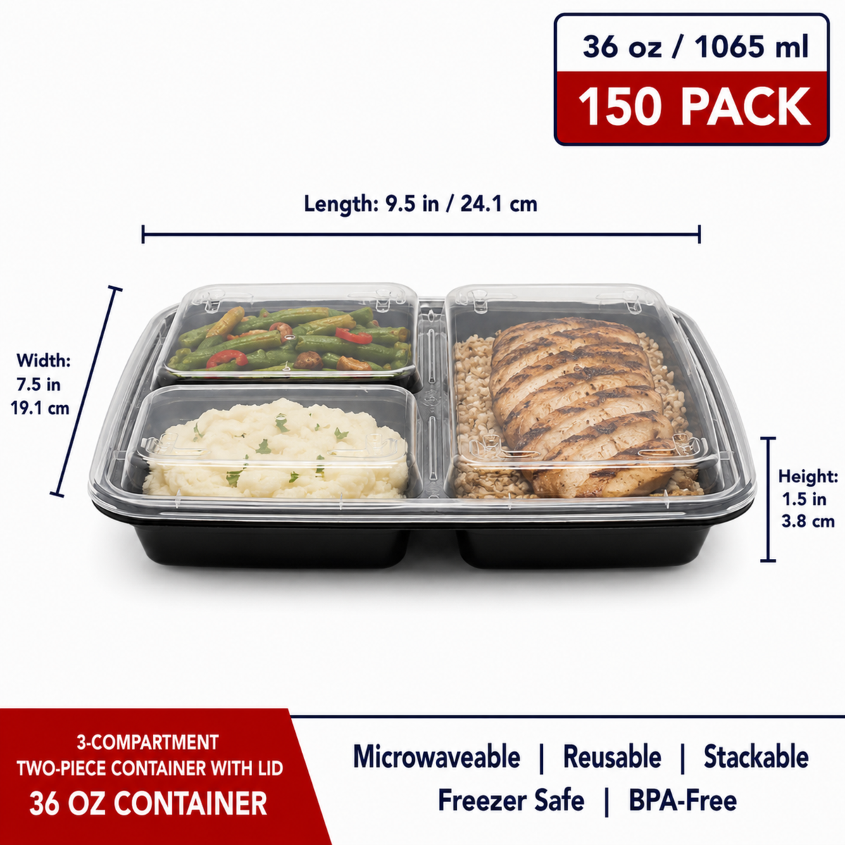 3-Compartment Two-Piece Container with Lid 36 oz - 2PC-3 - CS150