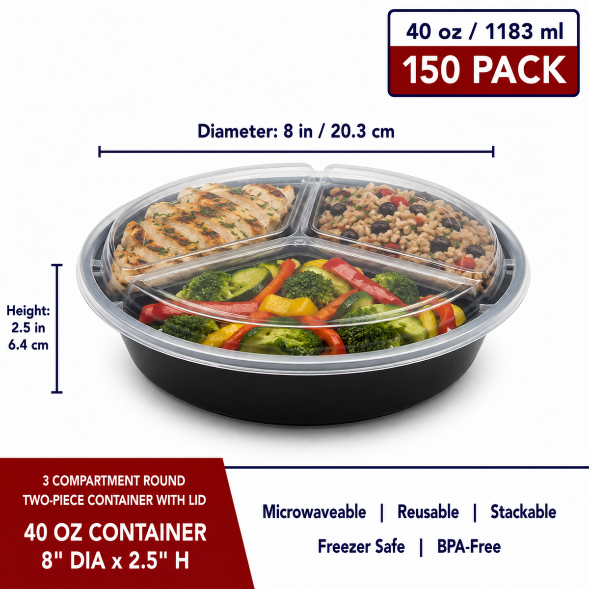 3 Compartment Round Two-Piece Container w/Lid 40 oz - CS150 - RND-C3-40