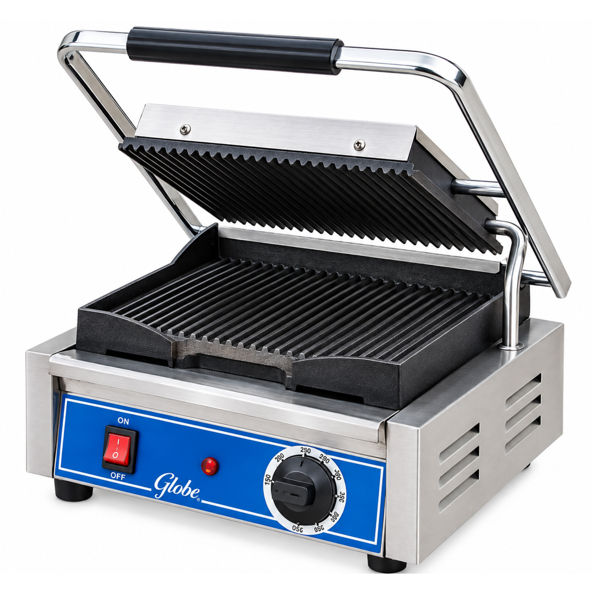 Globe Bistro Panini Grill Cast Iron Grooved Plates NSF 10x10" - GPG10