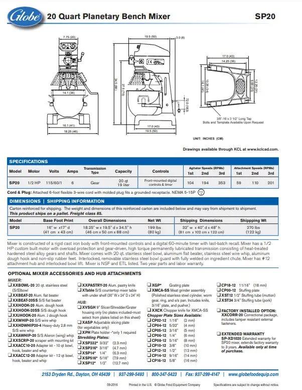 Globe Mixer, Dough 20 qt With Power Hub - SP20 Globe