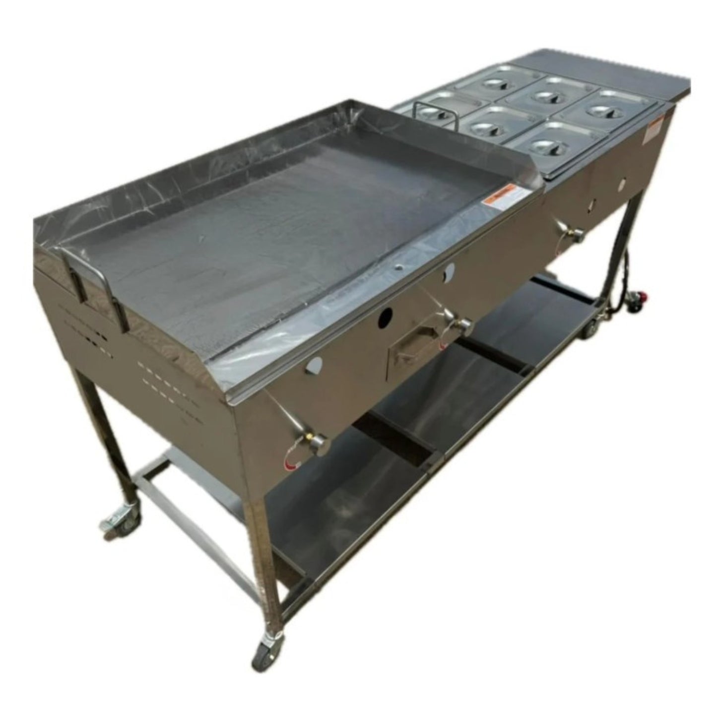 Gas Shark Outdoor Cooking 36" x 22" Griddle Flat Top Food Cart with 6-Pan Steam Table - AP114