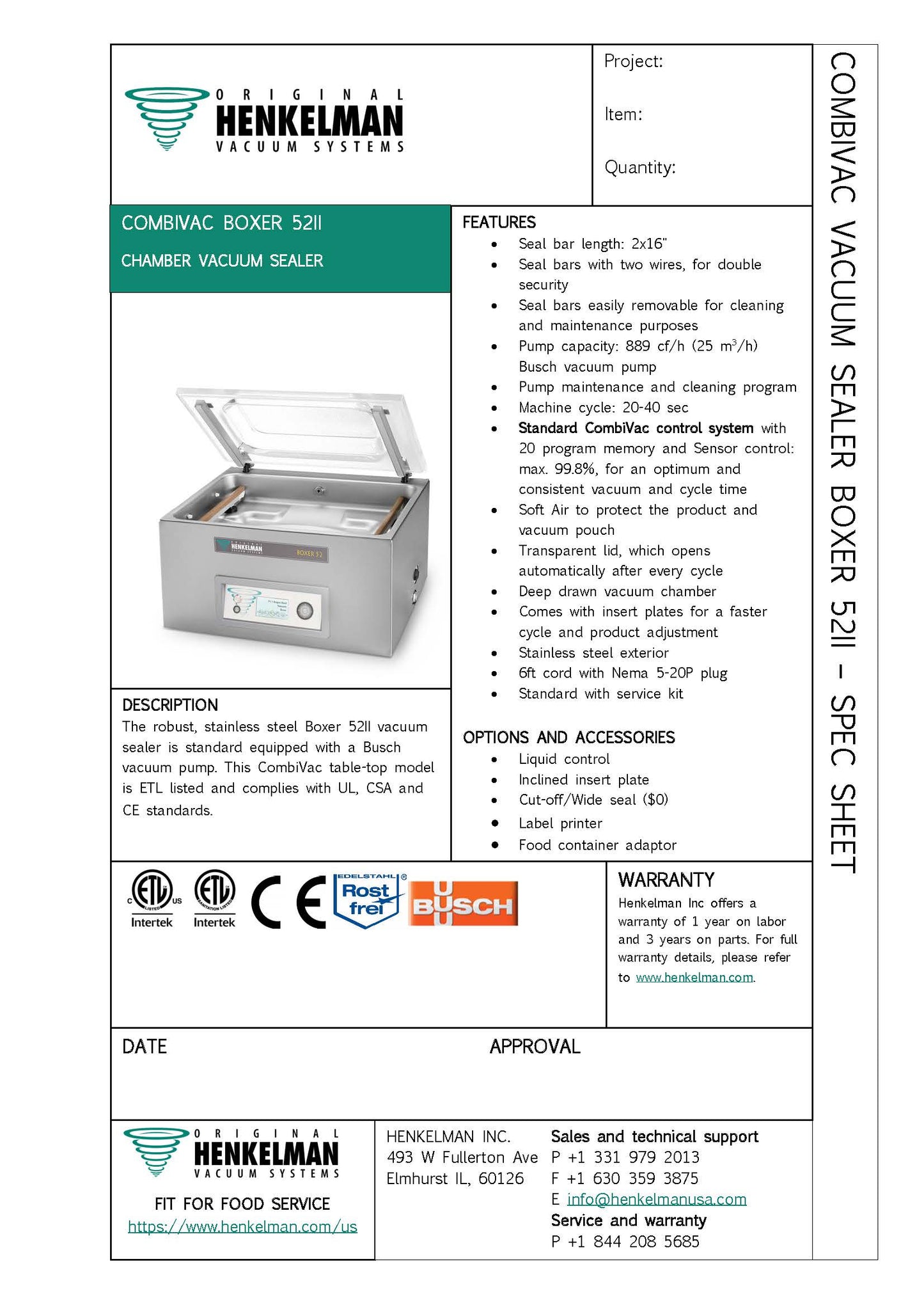 Máquina de vacío Invacus Henkelman (2) Barras de sellado de 16" - BOXER52II