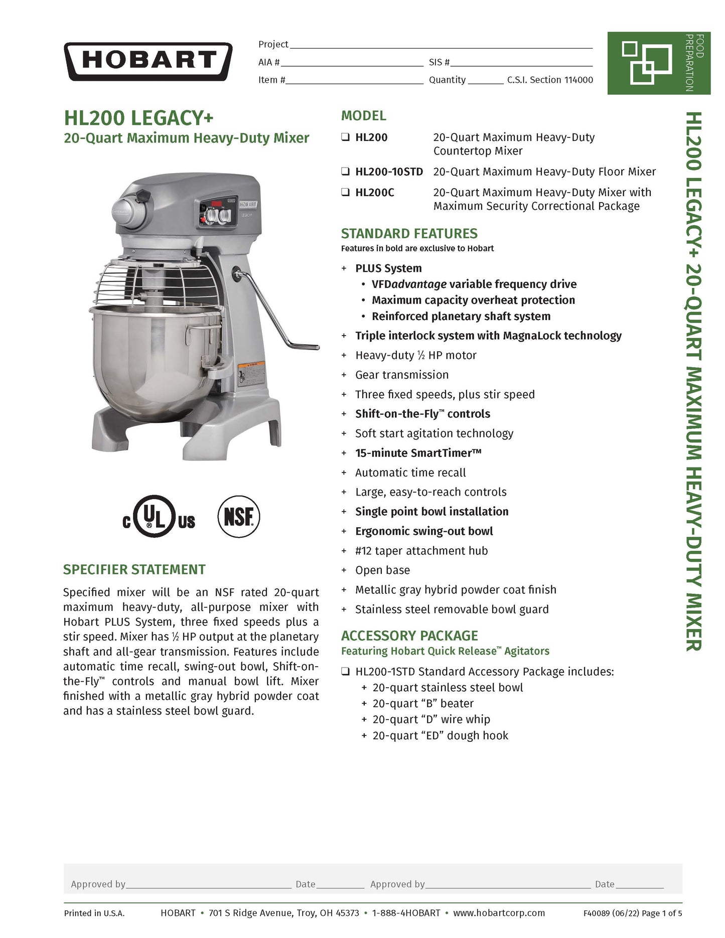 Hobart Mixer, Dough 20qt - With Power Hub - HL200-1STD
