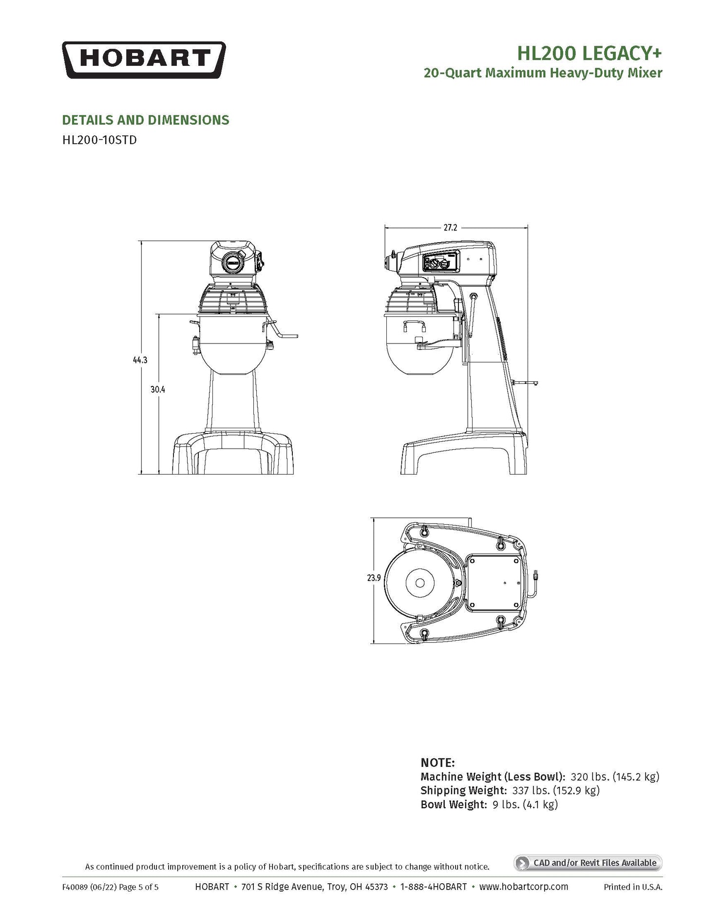 Hobart Mixer, Dough 20qt - With Power Hub - HL200-1STD