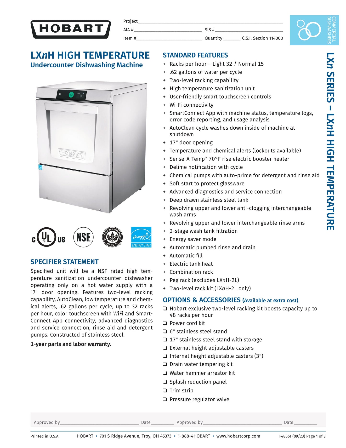 Hobart Dishwasher, High Temp., Undercounter, 120v/208v-240/60/1-ph - LXNH-2