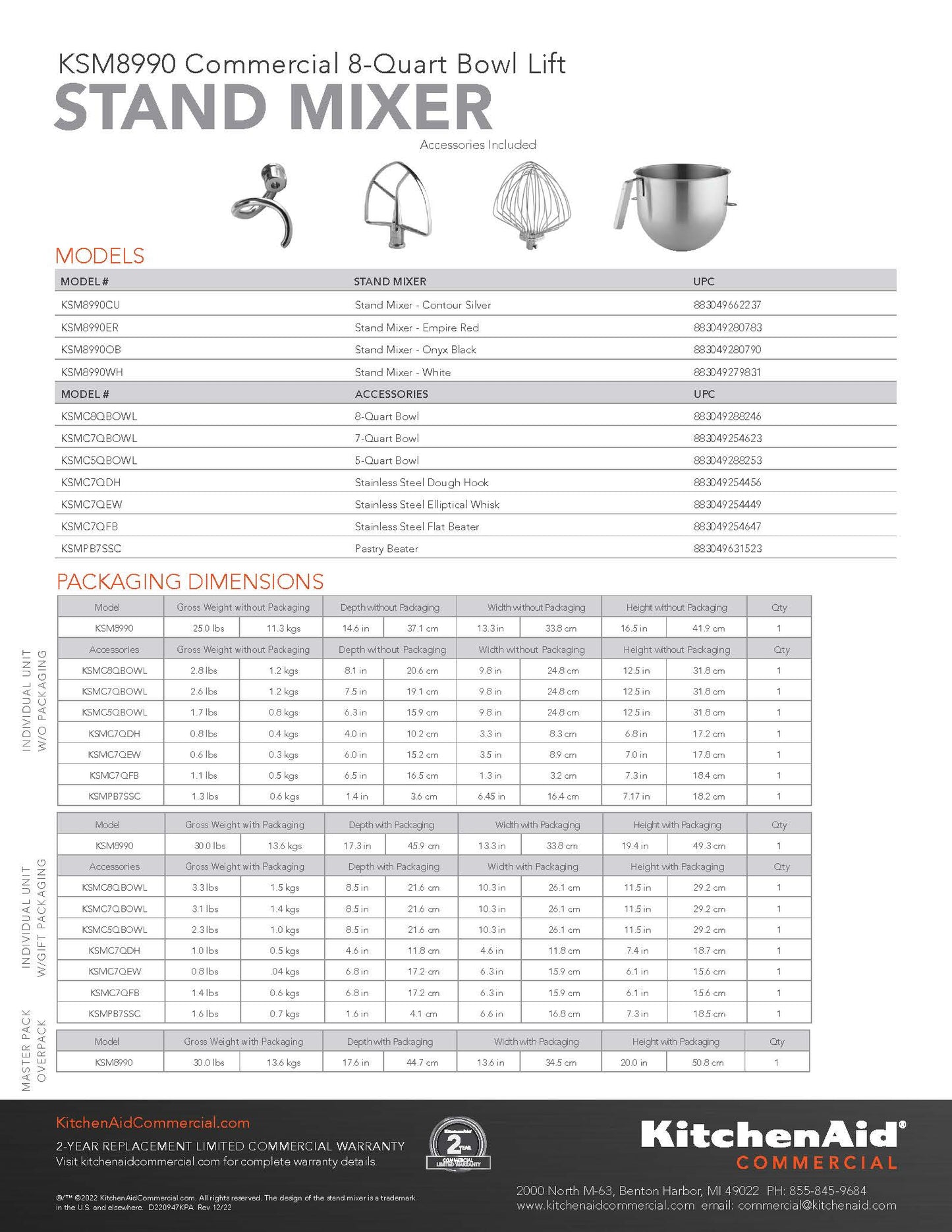 KitchenAid - Amasadora, 8 cuartos, Serie Comercial NSF - Rojo Imperio - KSM8990ER