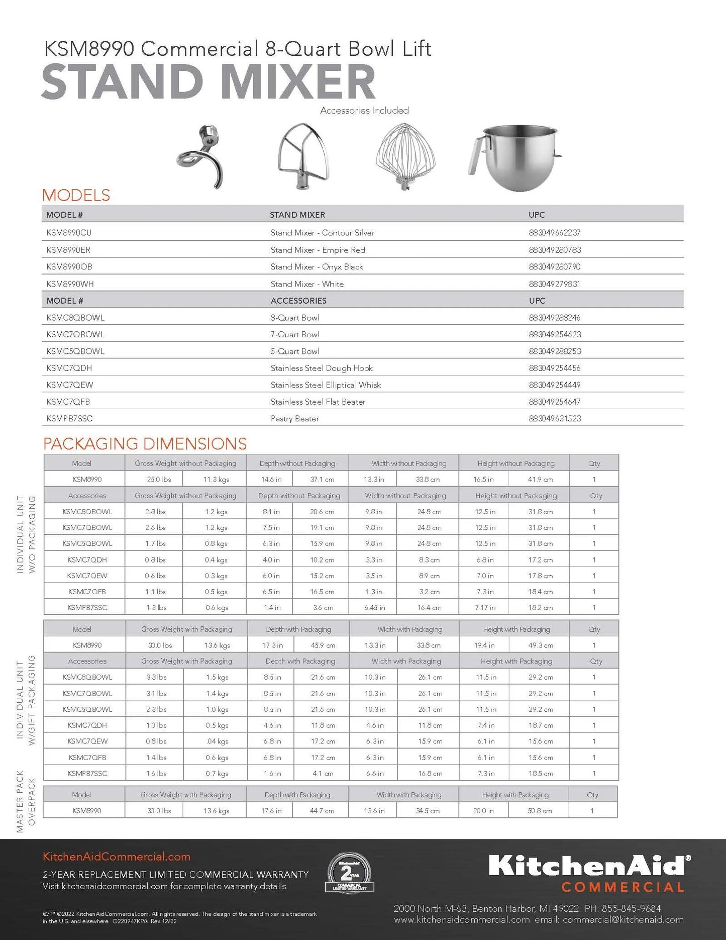 KitchenAid - Dough Mixer, 8 qt NSF Commercial Series - White - KSM8990WH KitchenAid