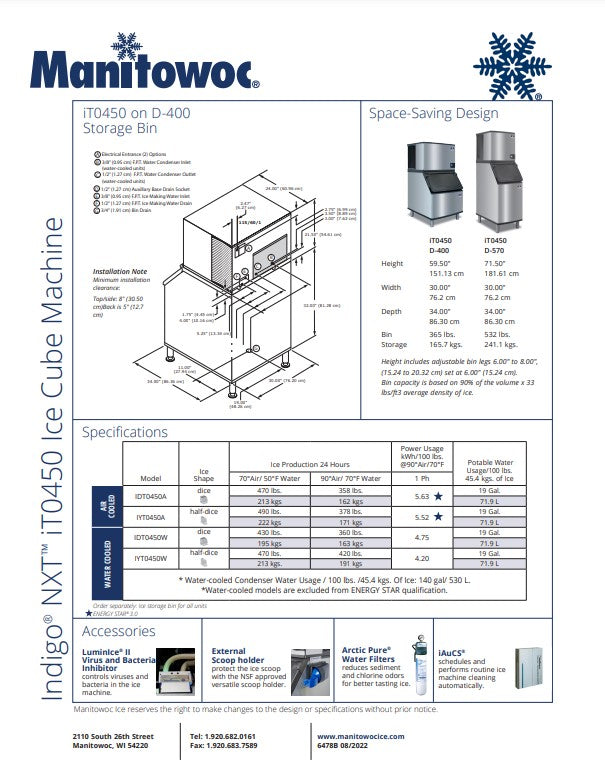 Manitowoc 制冰机,半骰子方块式,490 磅 - IYT-0450A