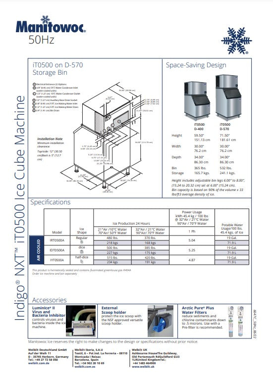 Manitowoc Ice Maker Machine, Half Dice Cube Style, 550 lb - IYT-0500A
