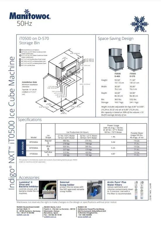 Manitowoc Ice Maker Machine, Half Dice Cube Style, 550 lb - IYT-0500A Manitowoc