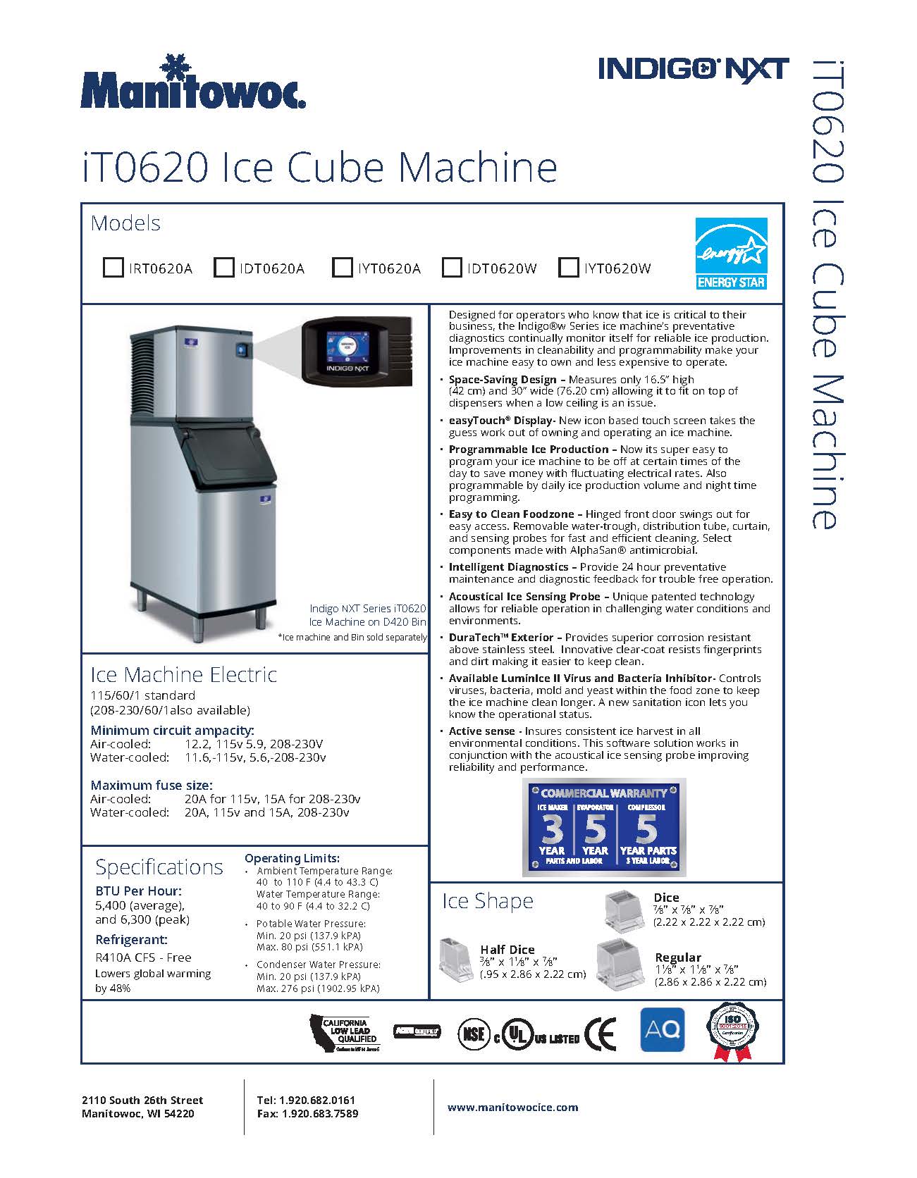 Manitowoc 制冰机,半骰子方块式,575 磅 - IYT-0620A