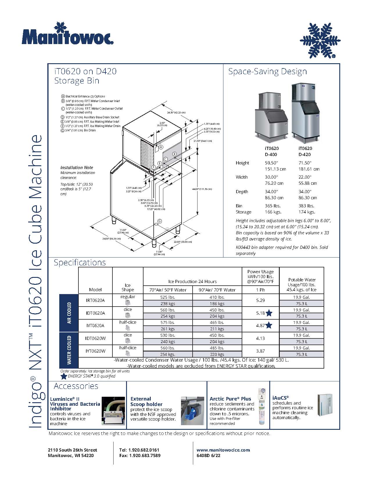 Manitowoc 制冰机,半骰子方块式,575 磅 - IYT-0620A