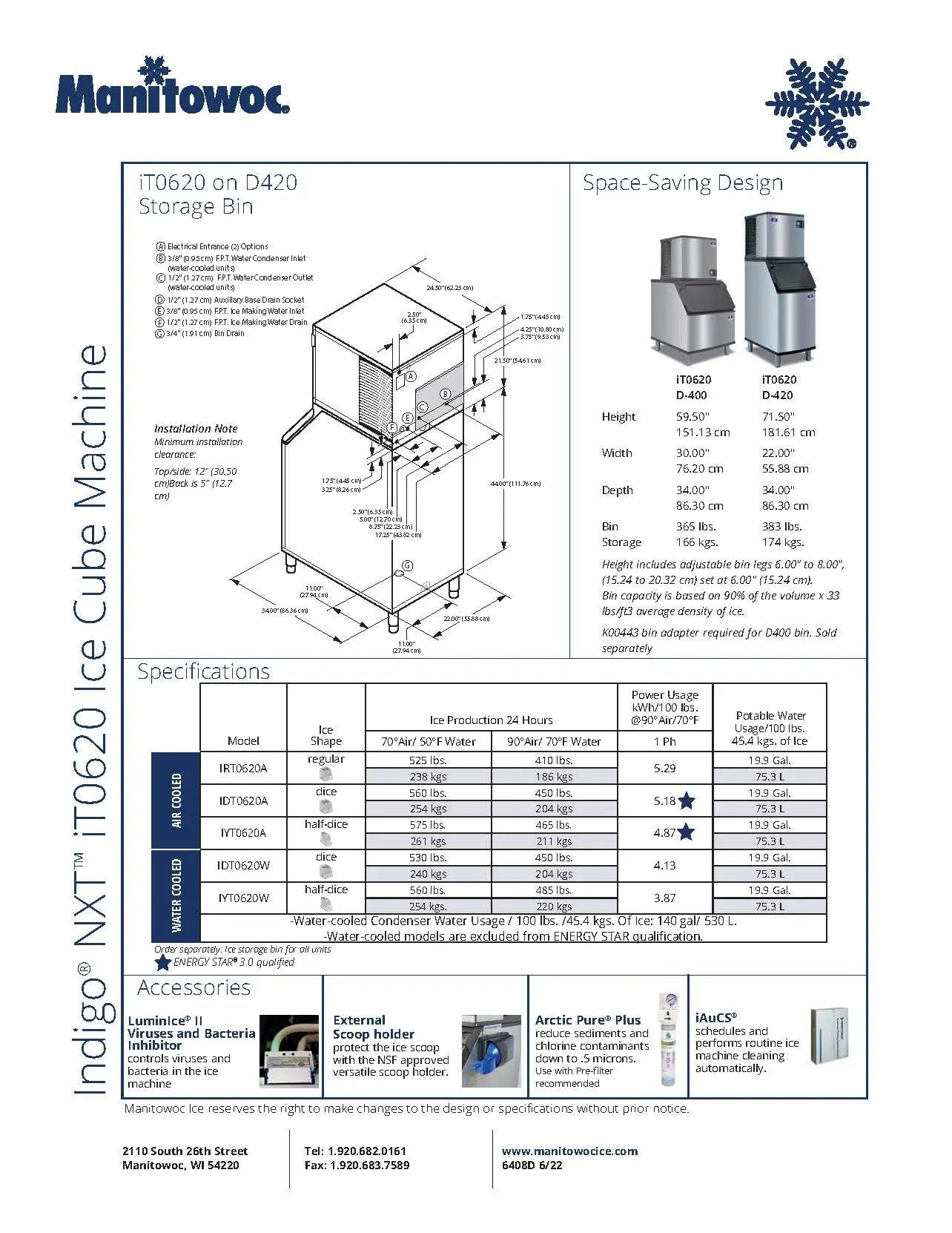 Manitowoc Ice Maker Machine, Half Dice Cube Style, 575 lb - IYT-0620A Manitowoc