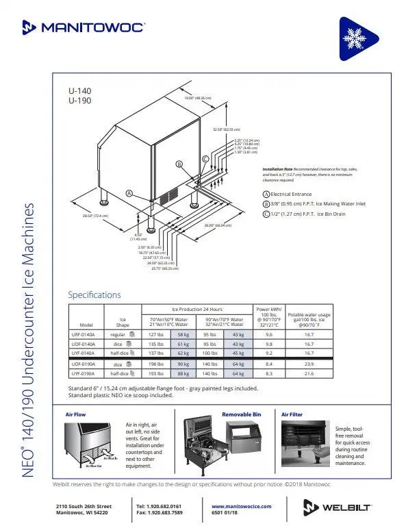 Manitowoc Ice Maker Machine, UC Neo W/Bin Half Dice 193 lb/day- UYF-0190A Manitowoc