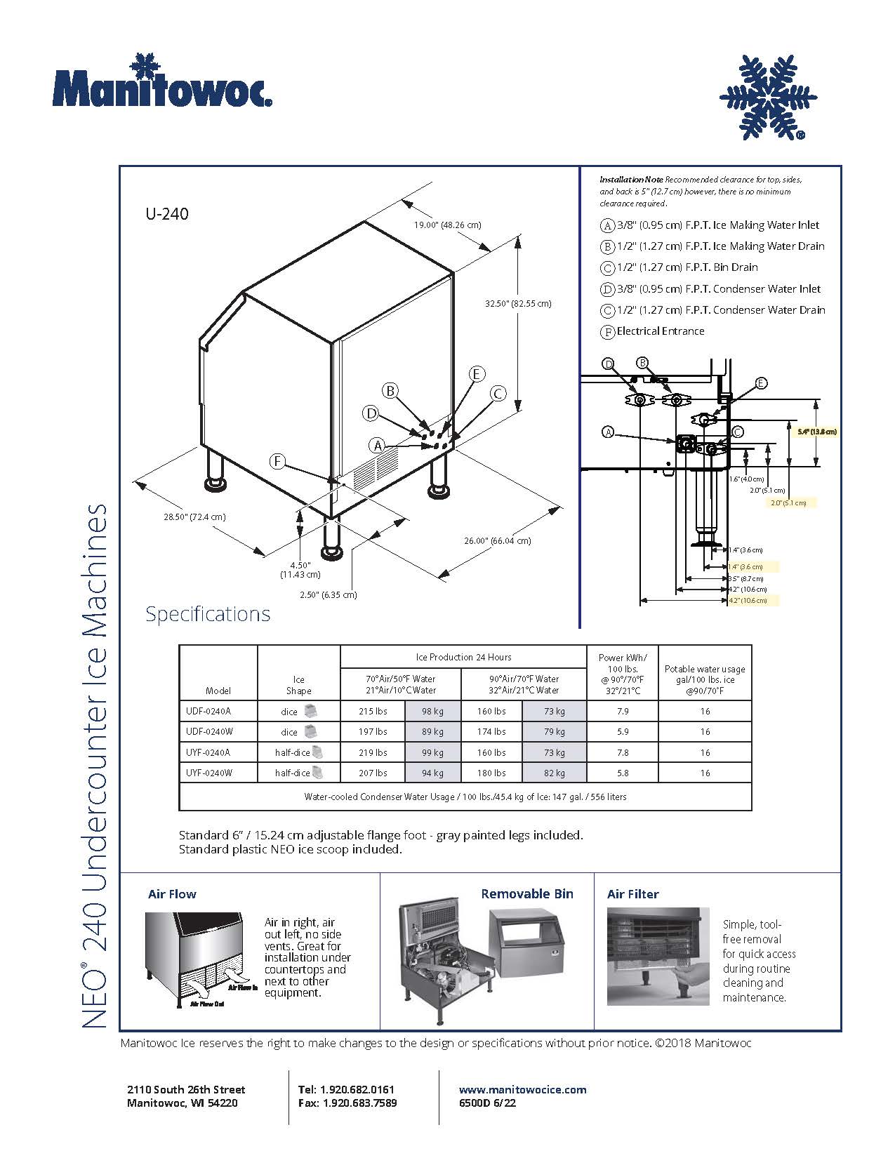 Manitowoc Ice Maker Machine, Under Counter Neo W/Bin Half Dice 219 lb/day - UYF-0240A