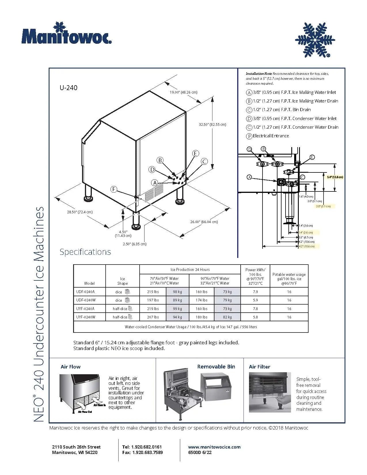 Manitowoc Ice Maker Machine, Under Counter Neo W/Bin Half Dice 219 lb/day - UYF-0240A Manitowoc