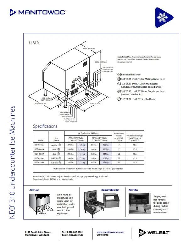 Manitowoc Ice Maker Machine, UC Neo W/Bin Half Dice 290 lb/day - UYF-0310A Manitowoc