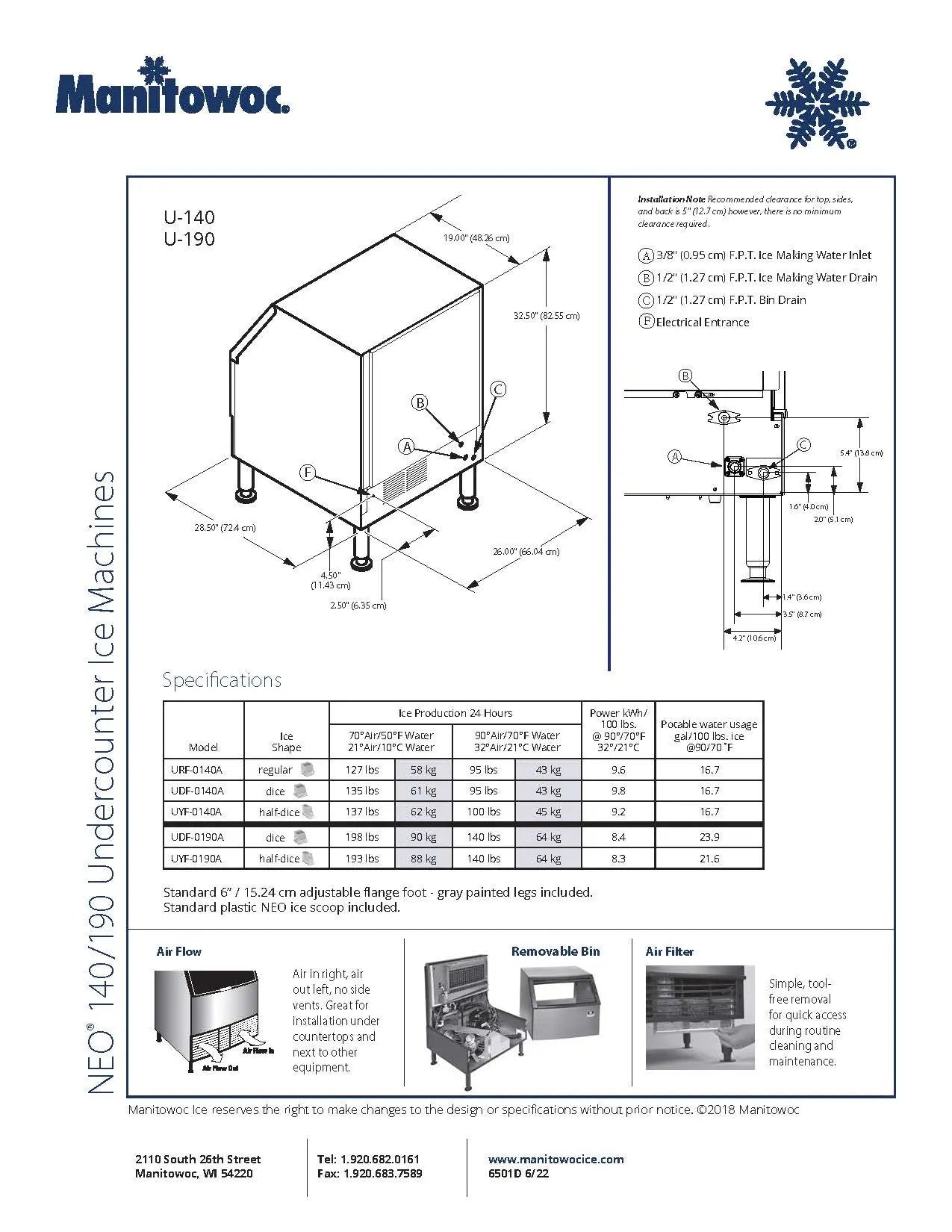 Manitowoc Ice Maker Machine, W/Bin Half Dice Cubes 137 lb/day - UYF0140A Manitowoc