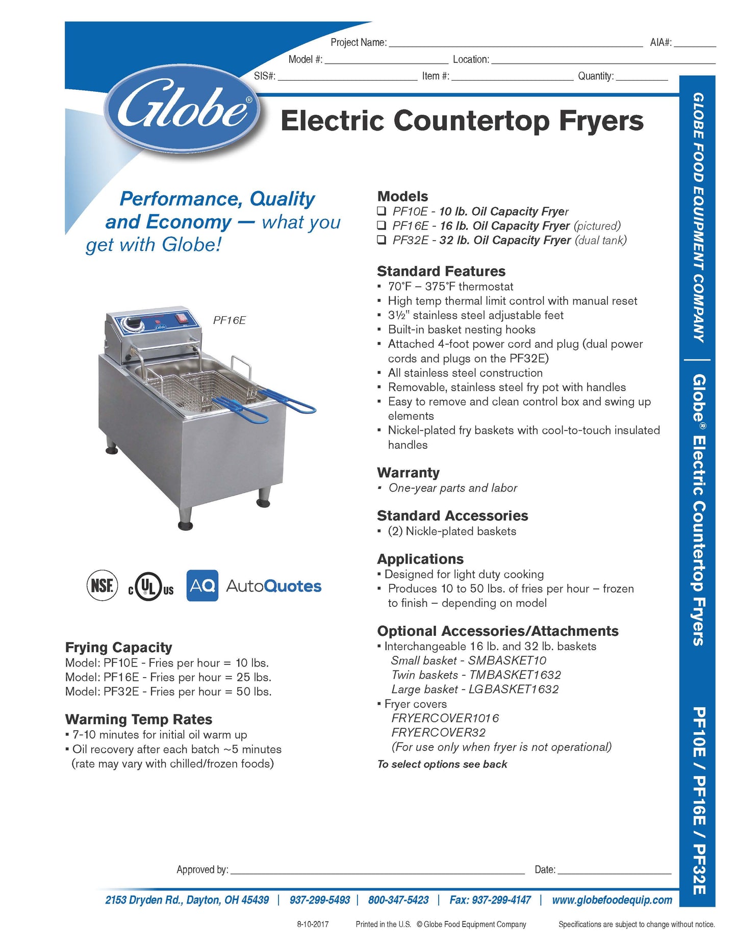 Globe Fryer, Deep Fryer, Countertop 10 lb - 120V - PF10E