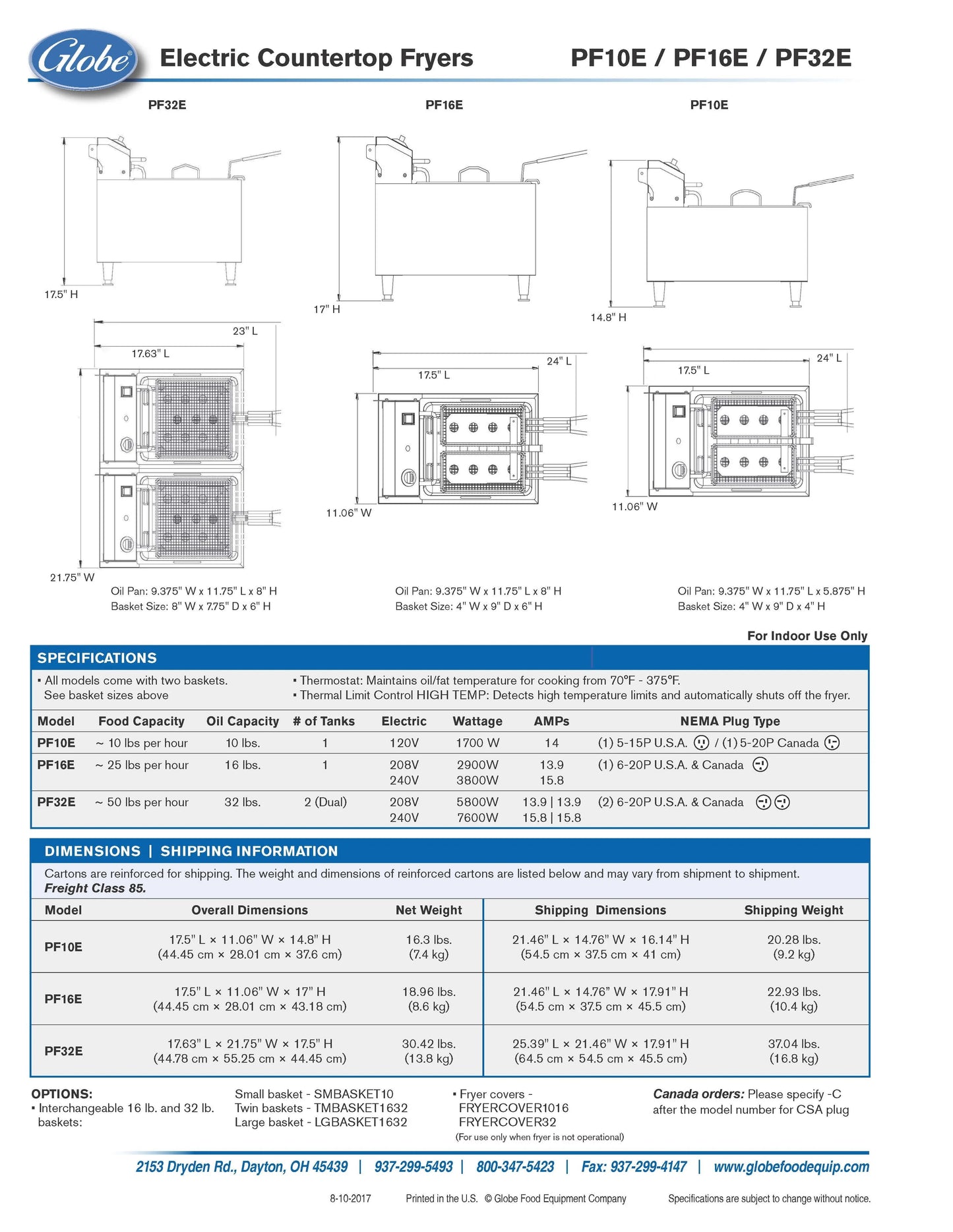 Globe Fryer, Deep Fryer, Countertop 10 lb - 120V - PF10E Globe