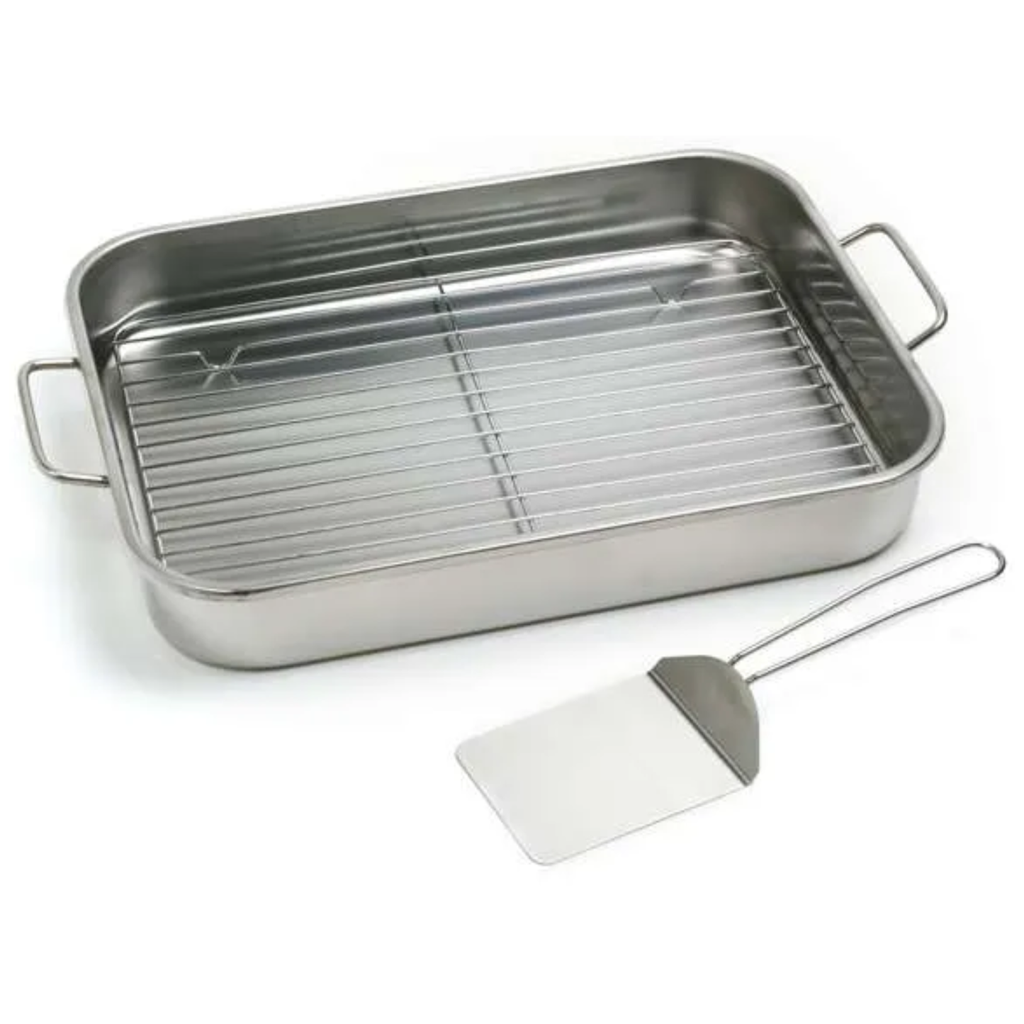 Stainless steel roasting pan with rack and spatula on a white background