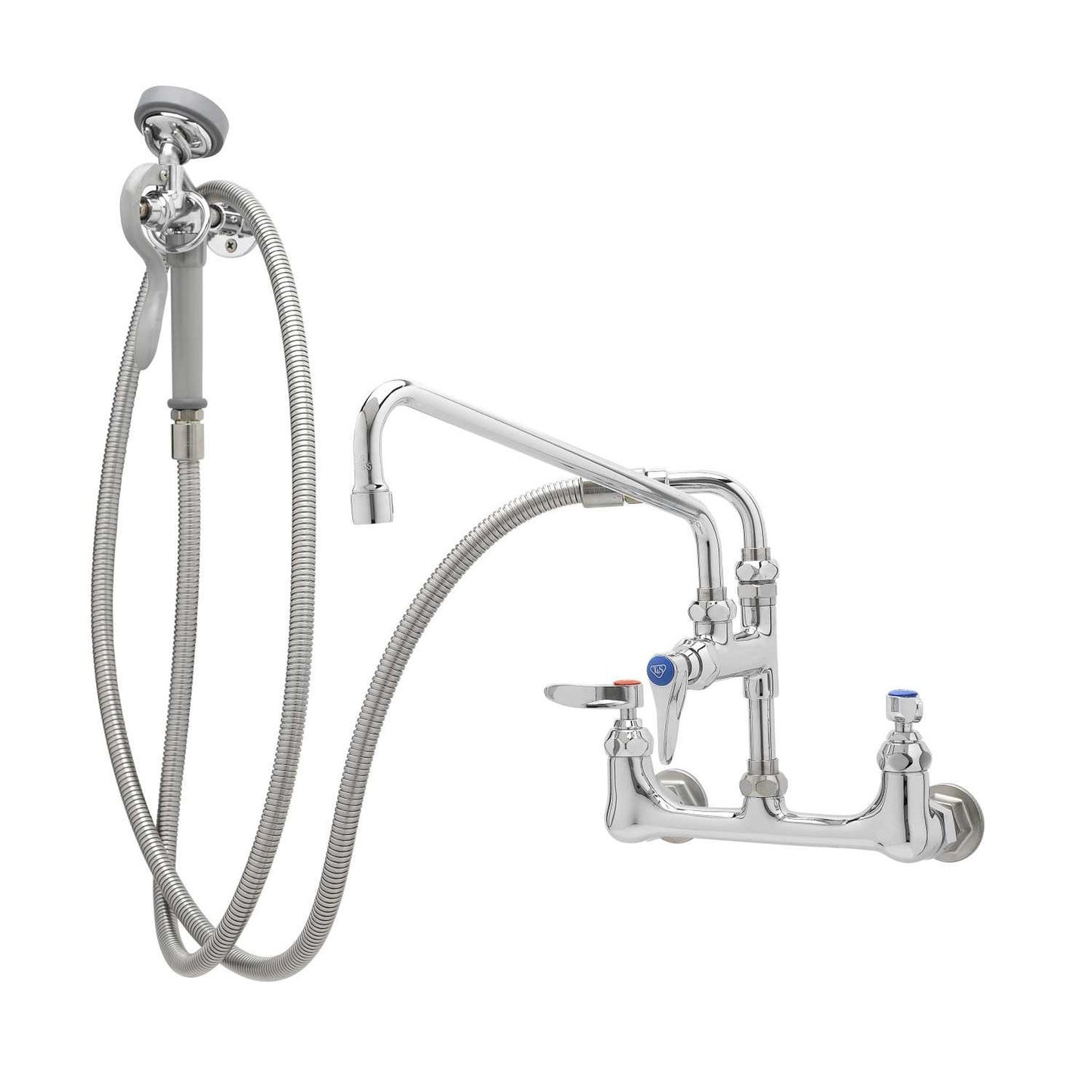 T&S Brass Pre-Rinse Spray Assembly Chrome Brass Wall Mount 8" Centers - B-0175