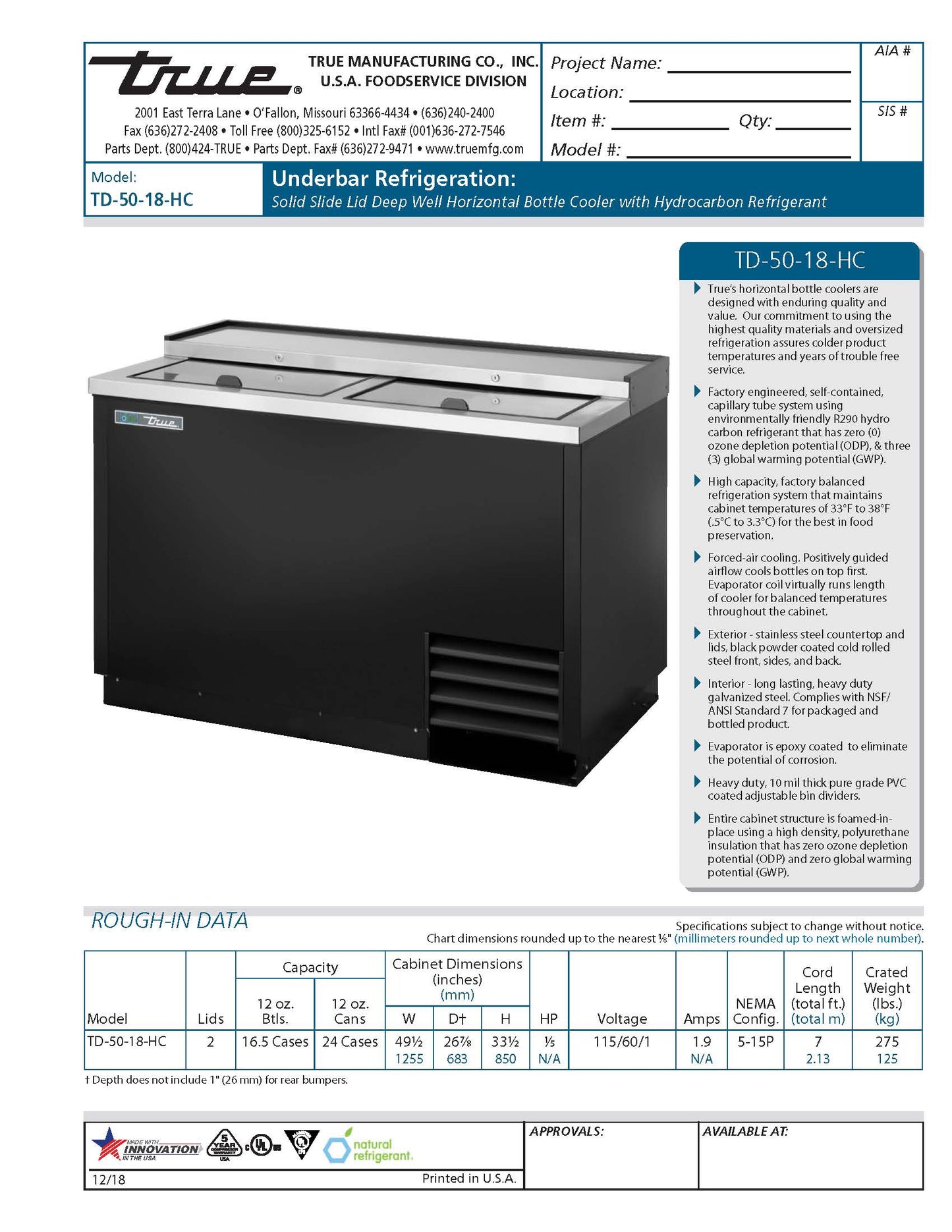 TRUE Horizontal Bottle Cooler, 49-1/2" Black - TD-50-18-HC