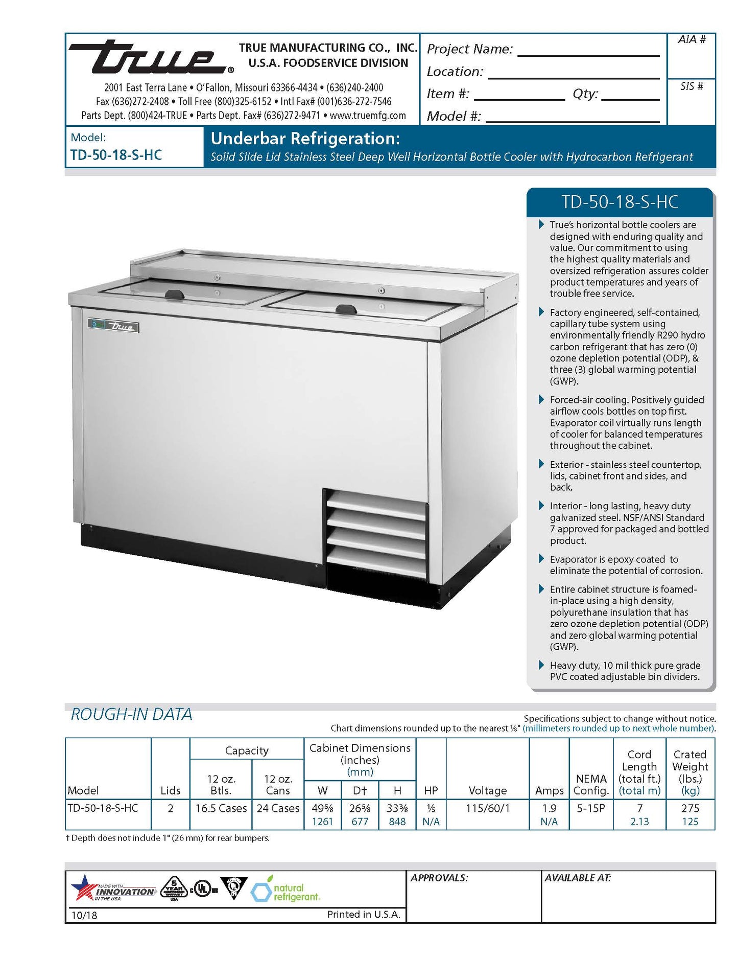 TRUE Horizontal Bottle Cooler, 49-5/8" Stainless Steel - TD-50-18-S-HC