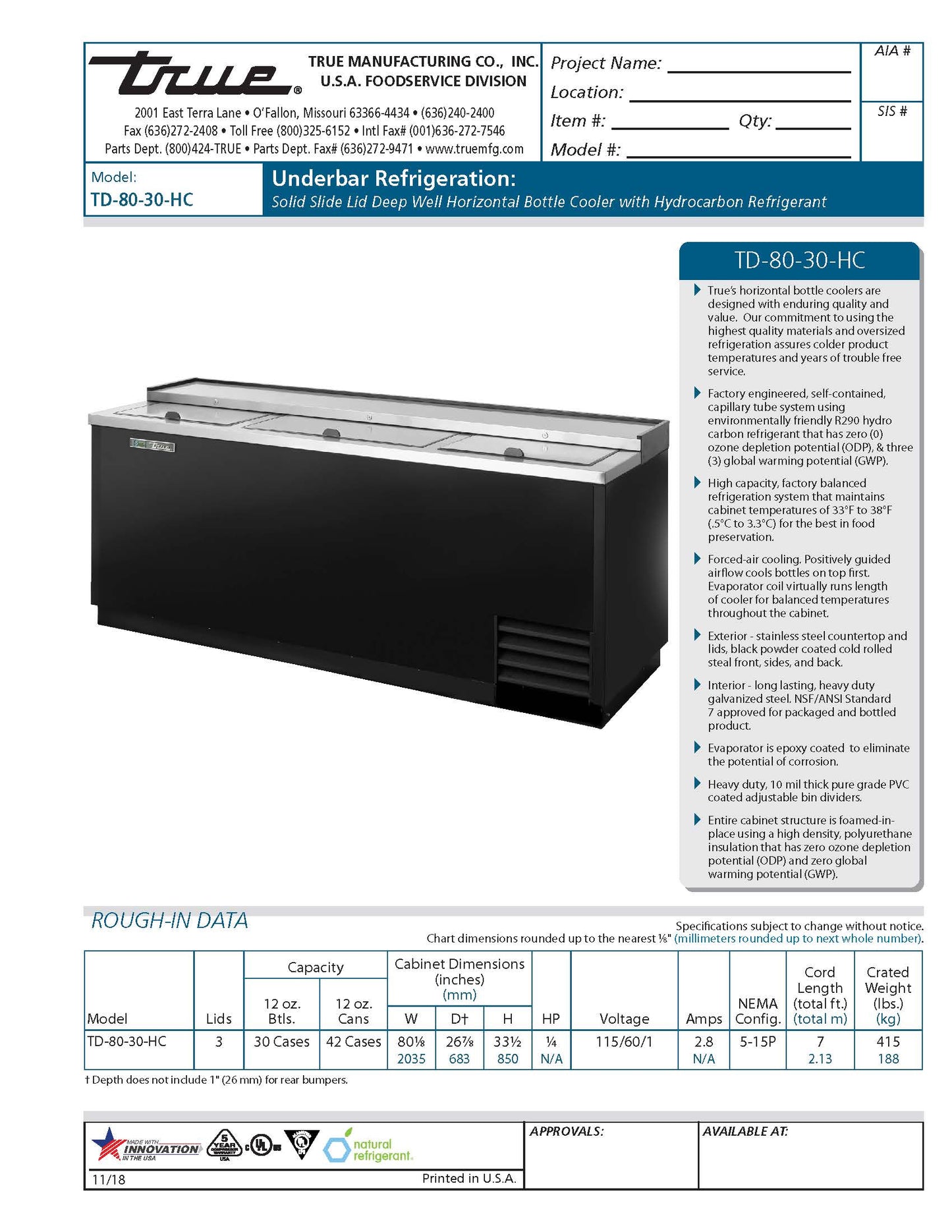 TRUE Horizontal Bottle Cooler, 80 1/8" Black - TD-80-30-HC