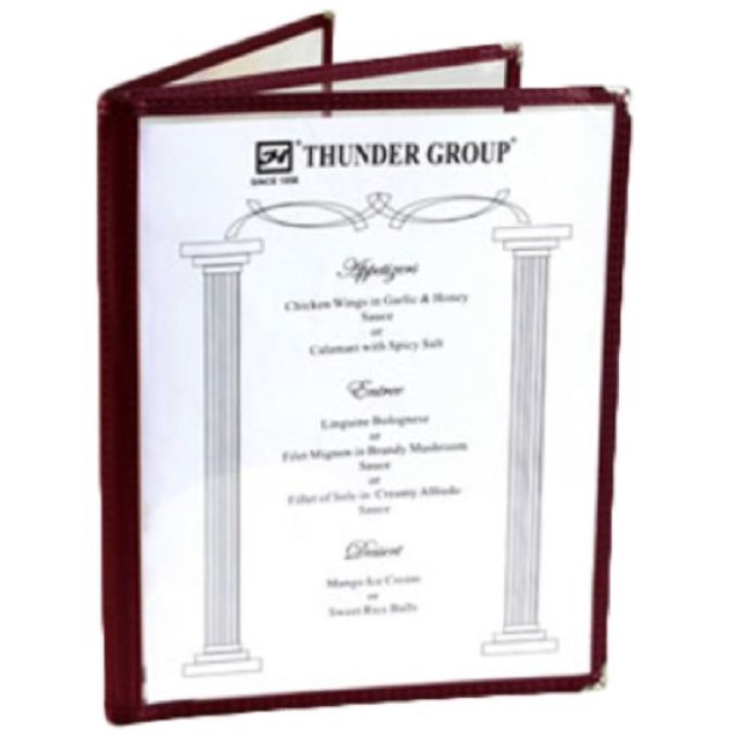 Thunder Group - Menu Cover, Clear 3 Panel Booklet Style 8 1/2" x 11" - Maroon Trim - PLMENU-L3MA Thunder Group