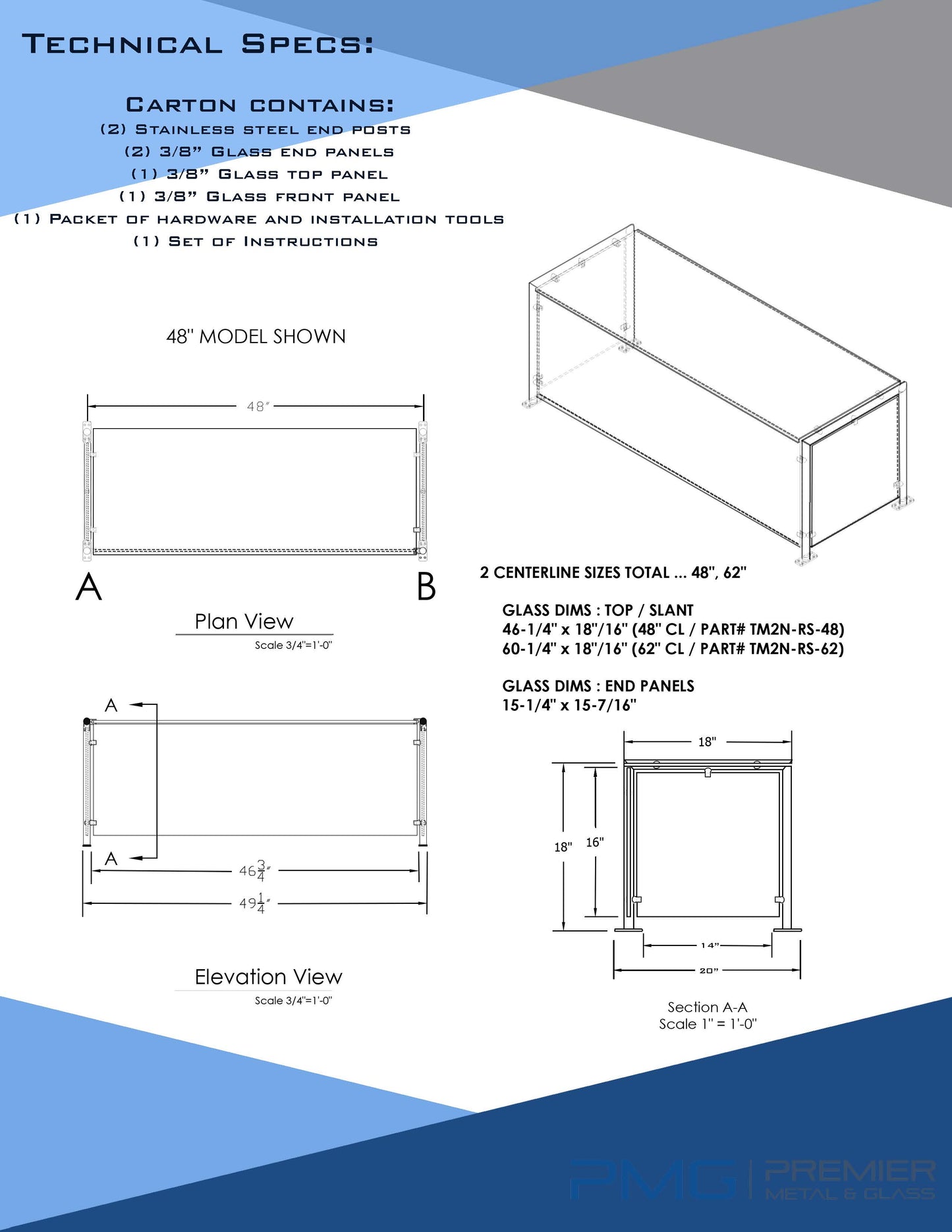 PMG 48" Stationary, Sneeze Guard - TM2N-RS-48