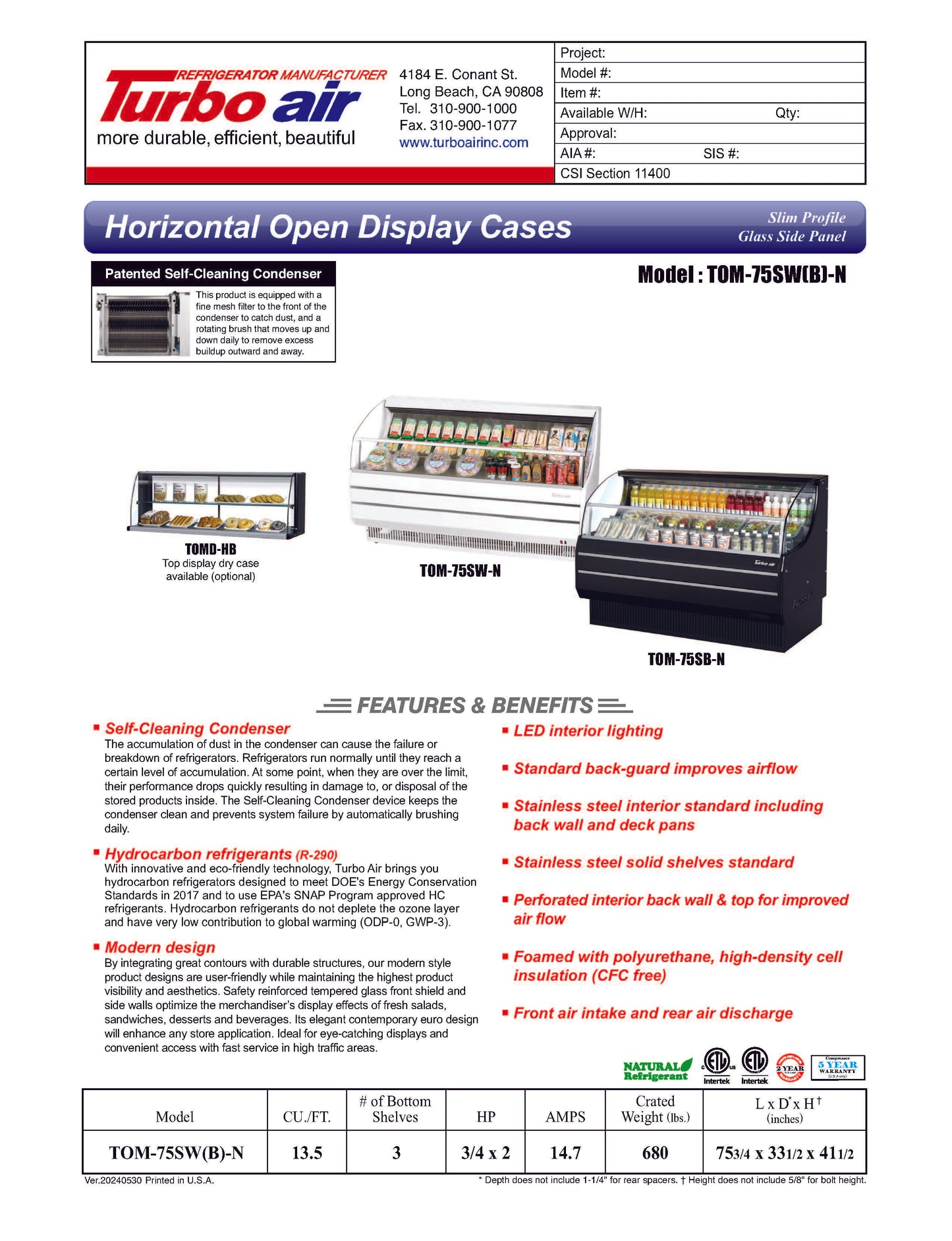 Expositor refrigerado Turbo Air con vitrina abierta - TOM-75SW(B)-N