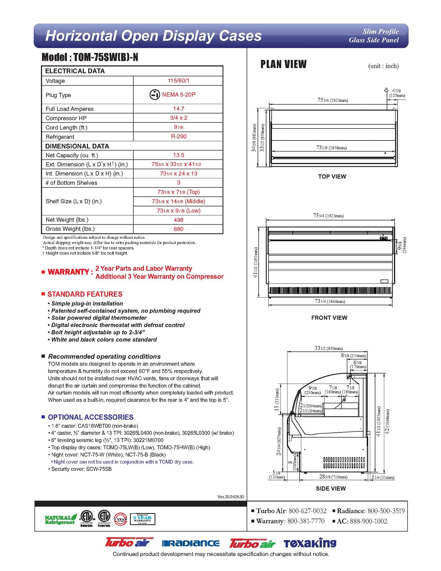 Expositor refrigerado Turbo Air con vitrina abierta - TOM-75SW(B)-N