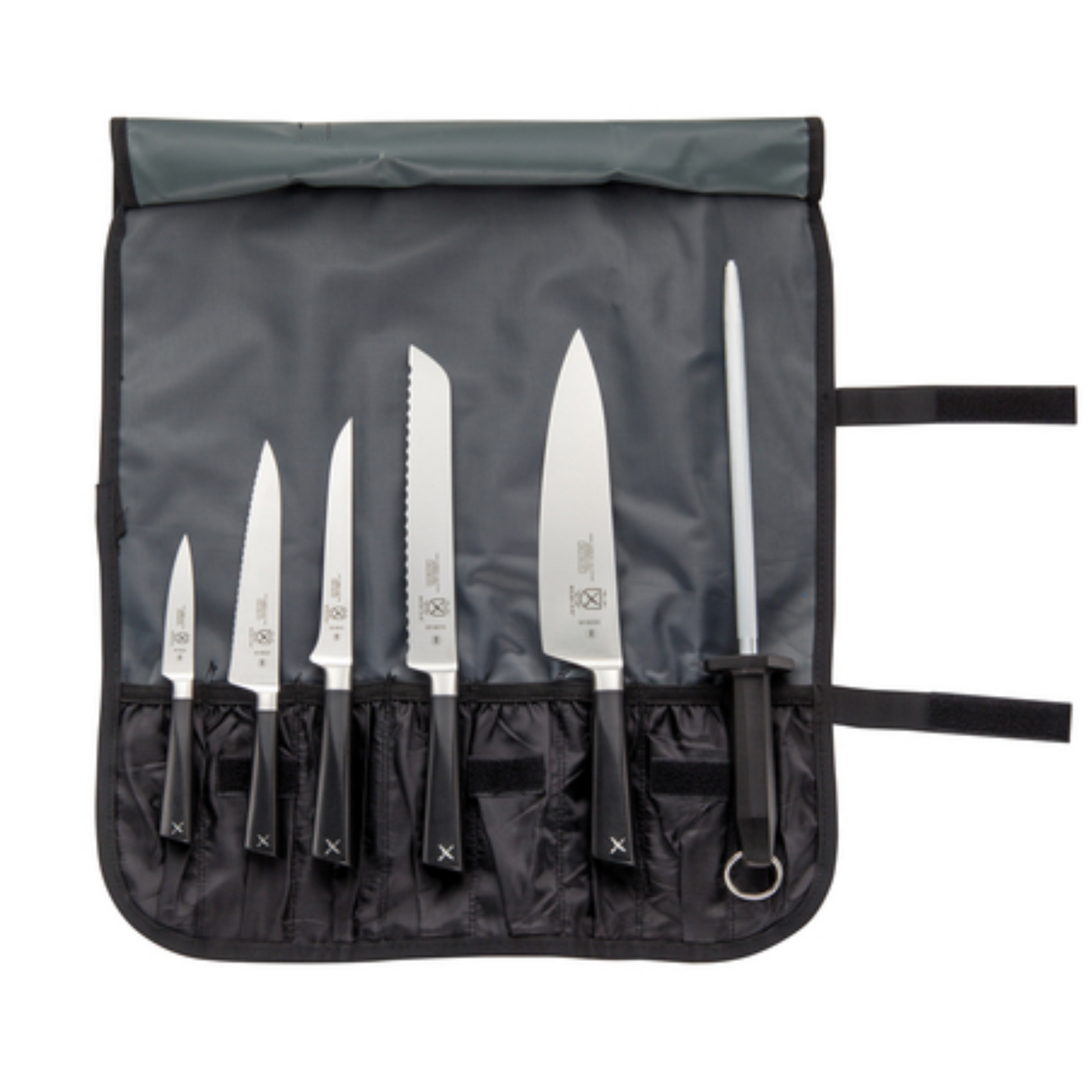 ZuM Knife Roll Set, 7-pc, incl: 3" paring, 6" wavy edge utility, 6" boning, 8" wavy edge bread, 8" chef's, 10" sharpening steel, Knife Roll - M21830