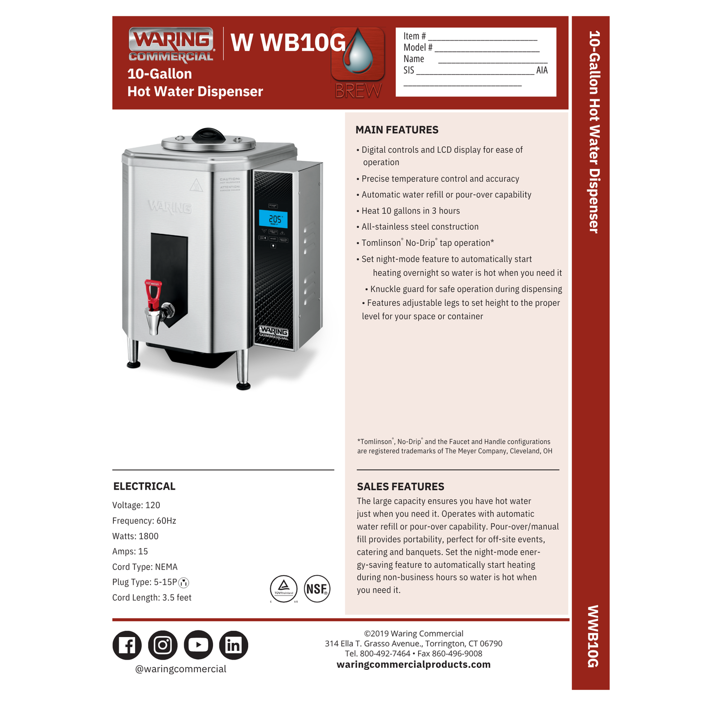 Waring Hot Water Boiler/Dispenser, 10 Gal - WWB10G
