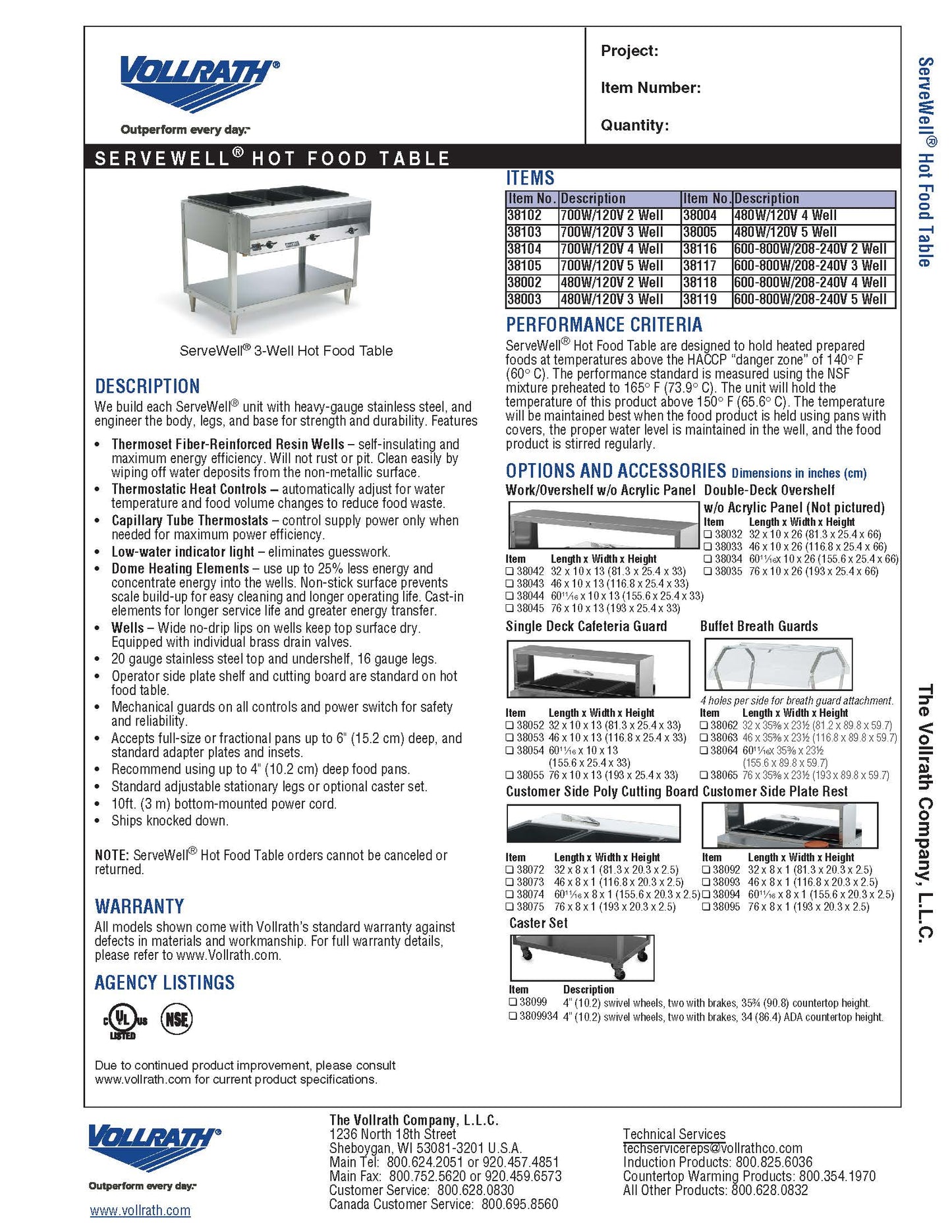 Vollrath ServeWell 热食服务柜台/桌 (4) 孔带脚轮 - 38004/38099