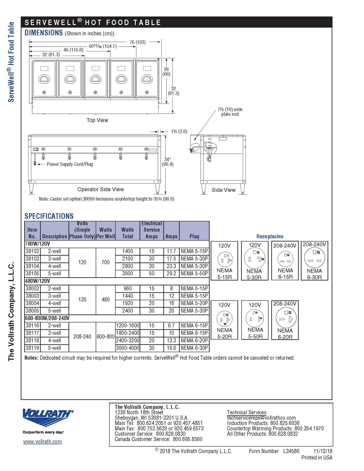 Vollrath ServeWell 热食服务柜台/桌 (4) 孔带脚轮 - 38004/38099