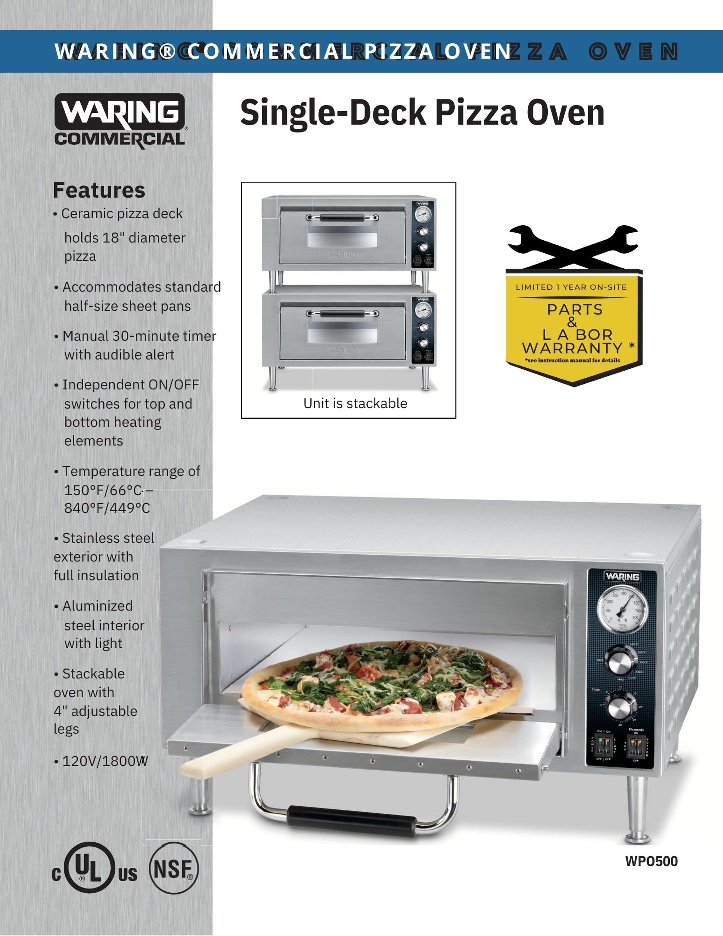 Waring WPO500 Single Deck Countertop Pizza Oven - 120V