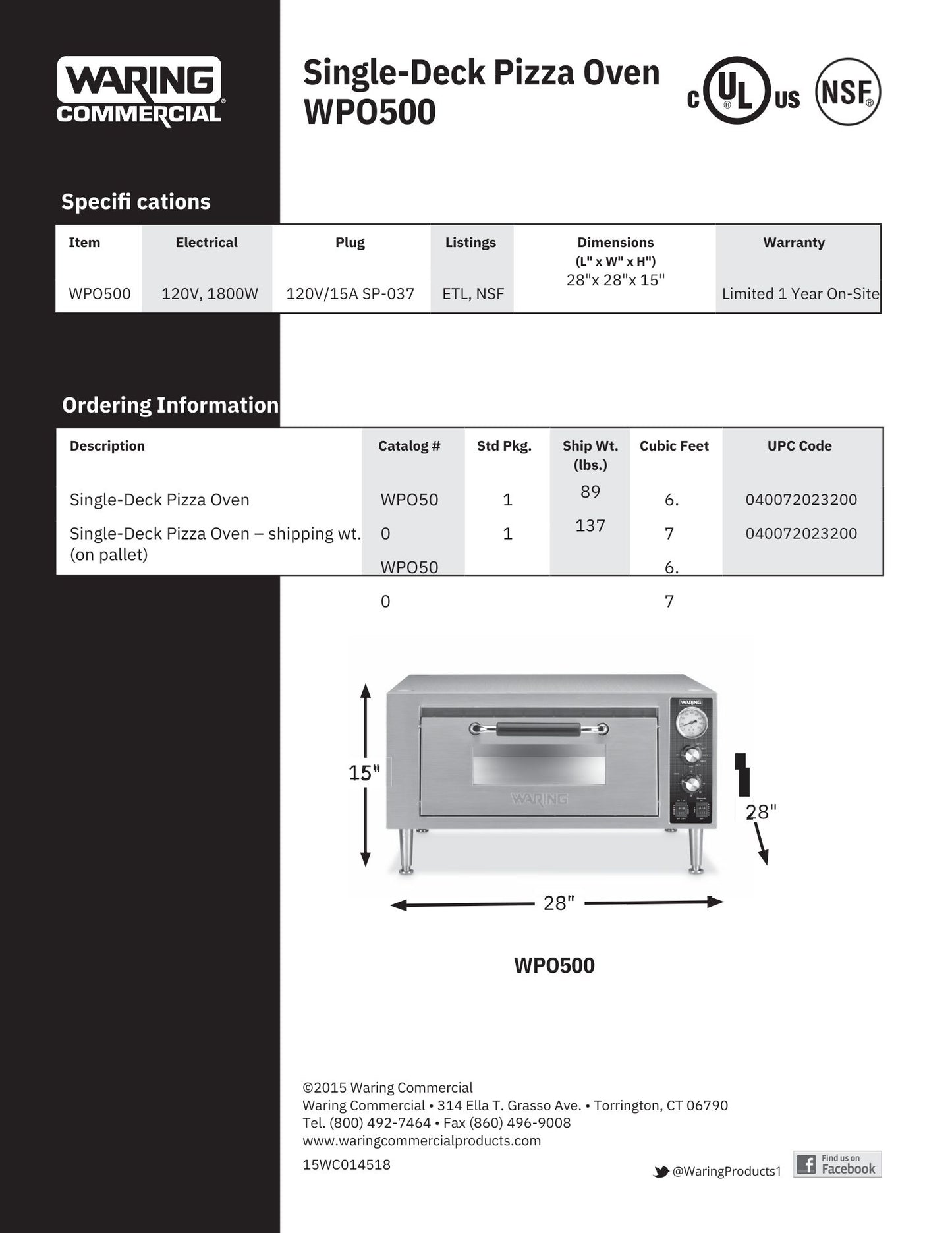 Waring WPO500 Single Deck Countertop Pizza Oven - 120V
