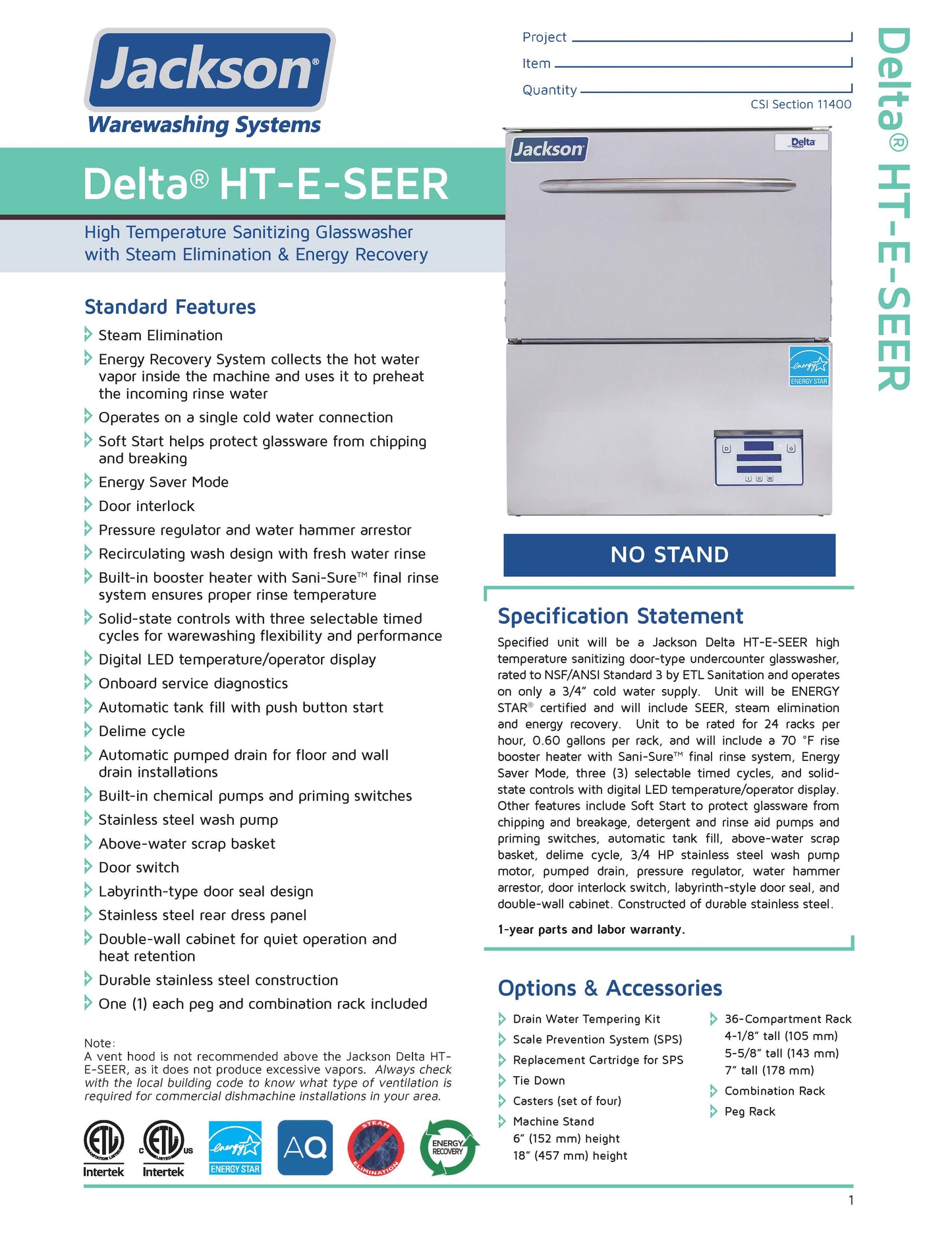Jackson 台下式/台下式玻璃清洗机 - WWS DELTA HT-E-SEER